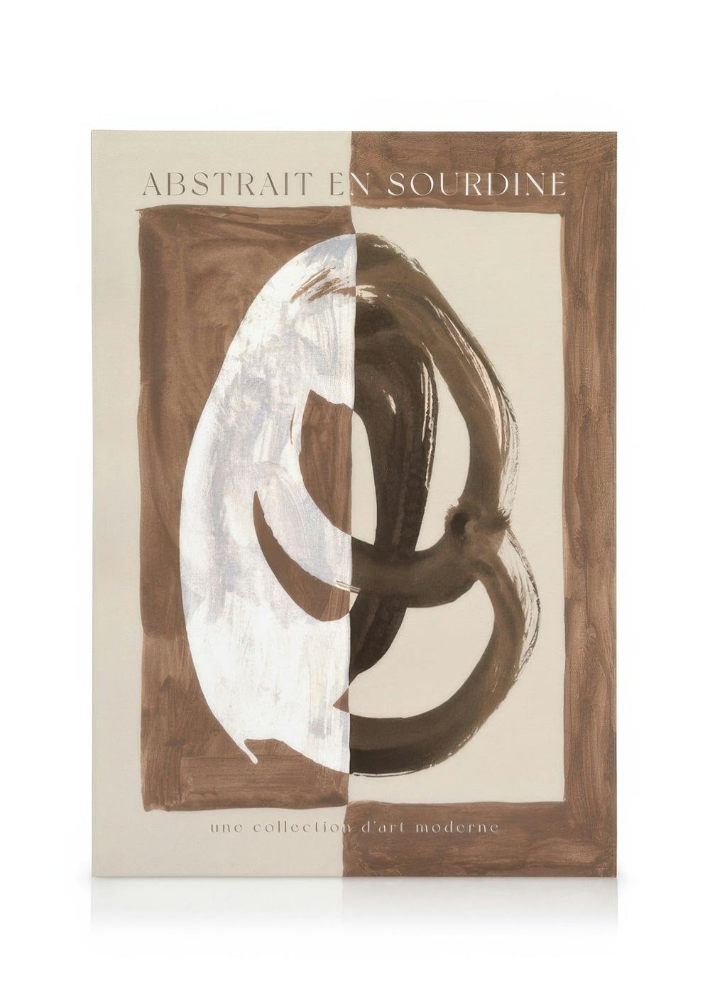 Abstrakt lærred med en hvid og brun penselstrøg, der deler et cremefarvet felt, omgivet af en brun ramme.