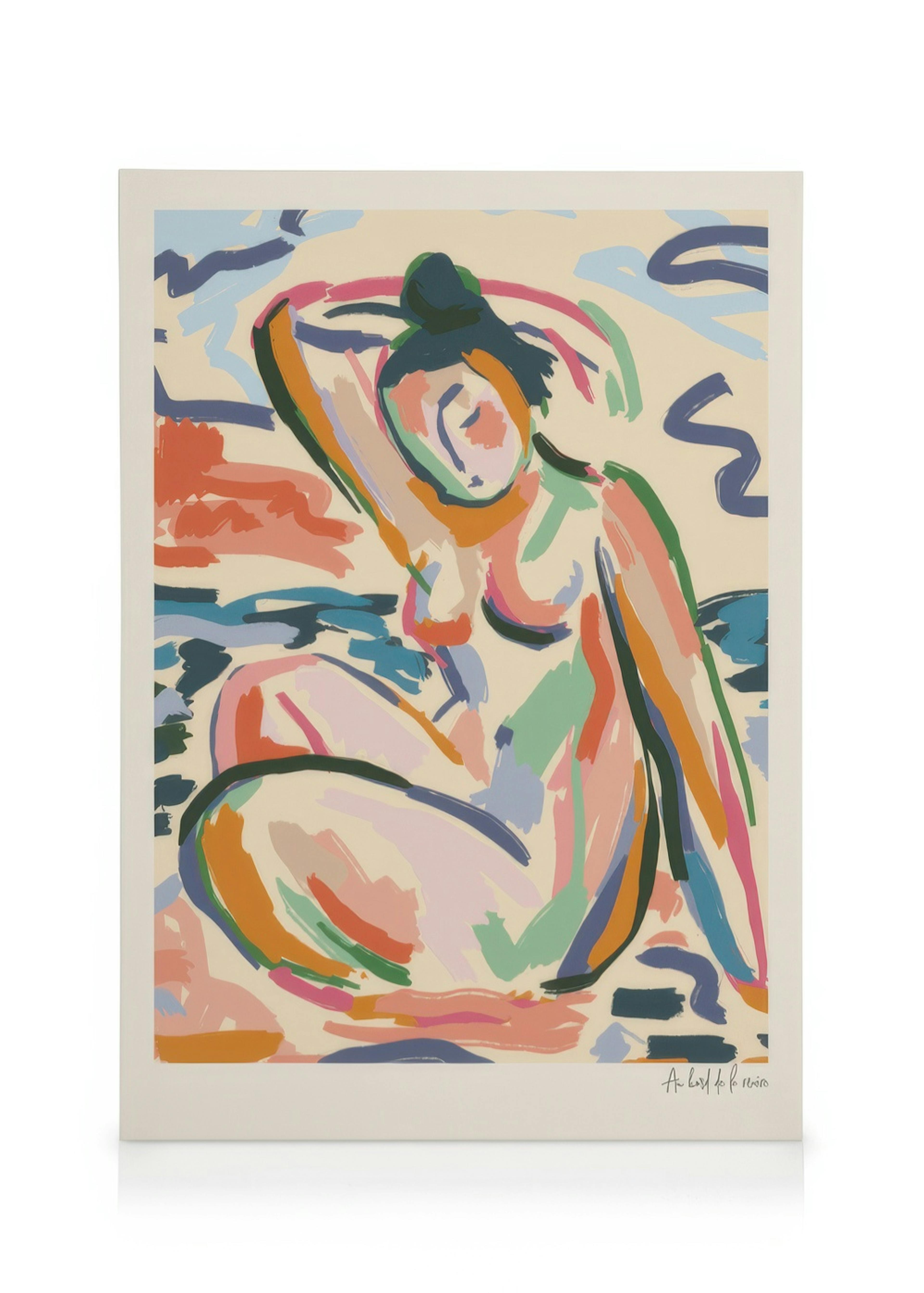 Obraz na plátně: Matisse-inspirovaná ženská postava, sedící s rukou za hlavou, v paletě barevných tahů štětcem.