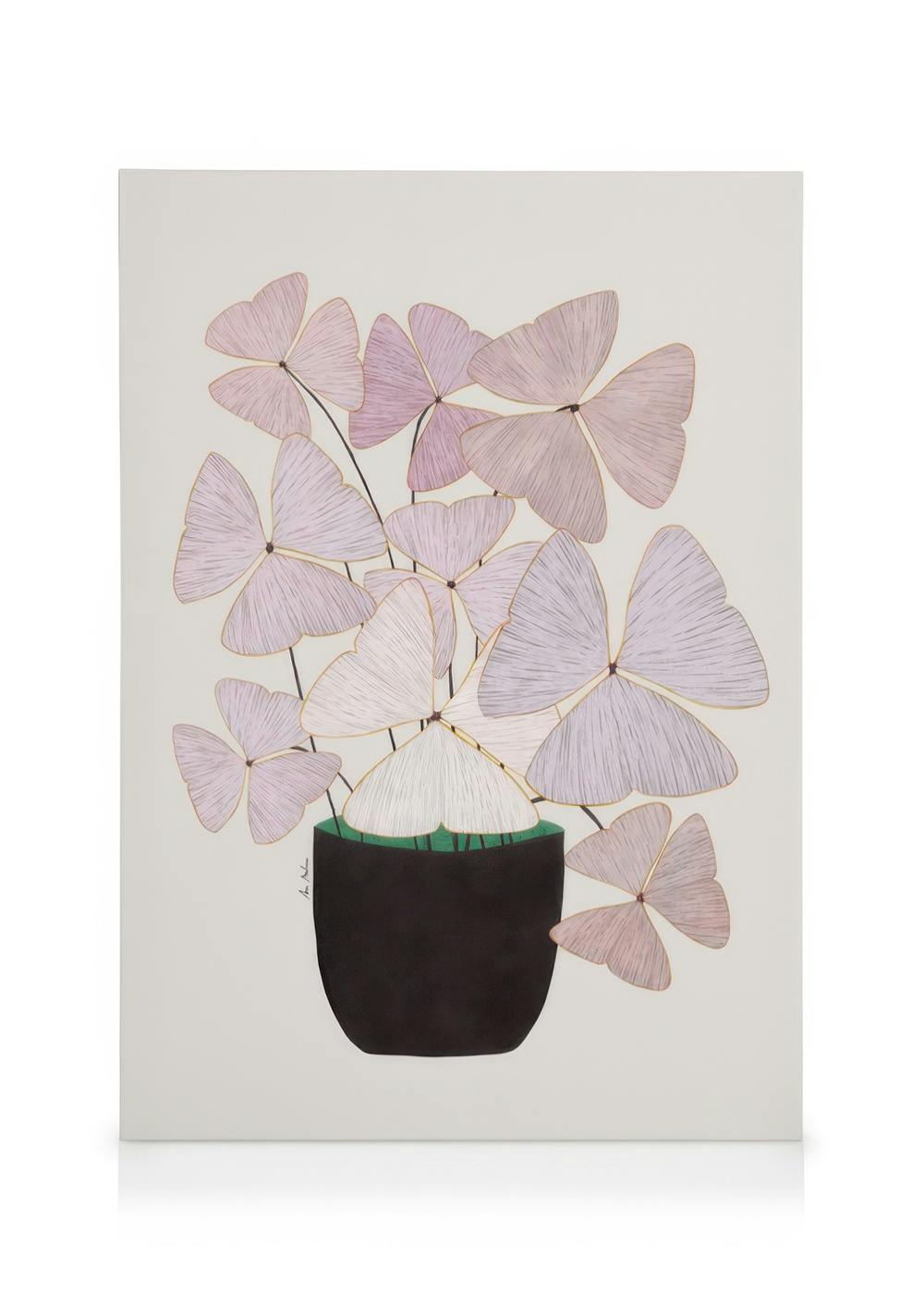 Canvastavla med rosa hjärtformade klöverblad i en svart kruka. Charmig väggkonst med växtmotiv.