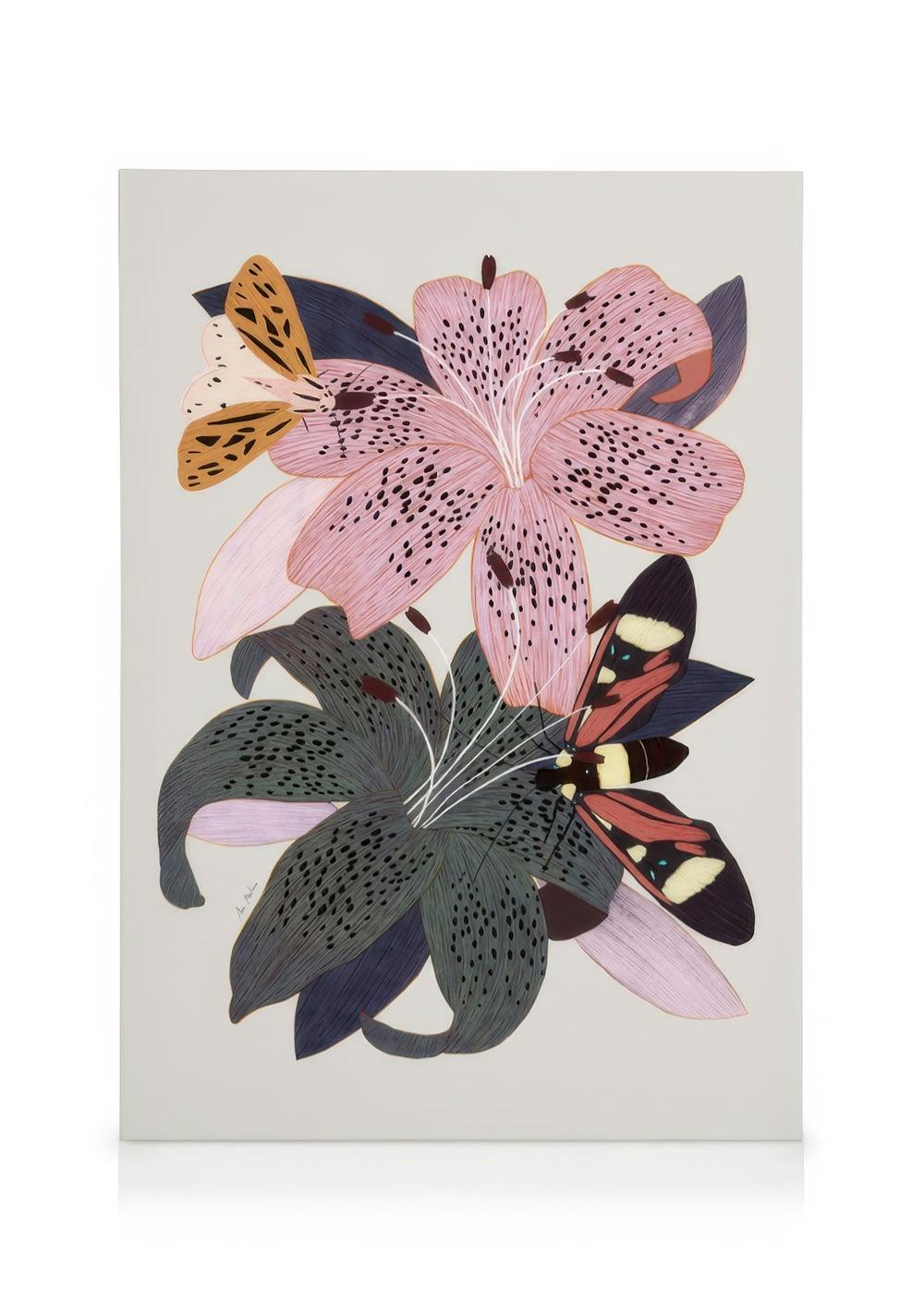 Stylized botanical art with pink and dark green lilies, delicate butterflies, and subtle line textures on a light background.