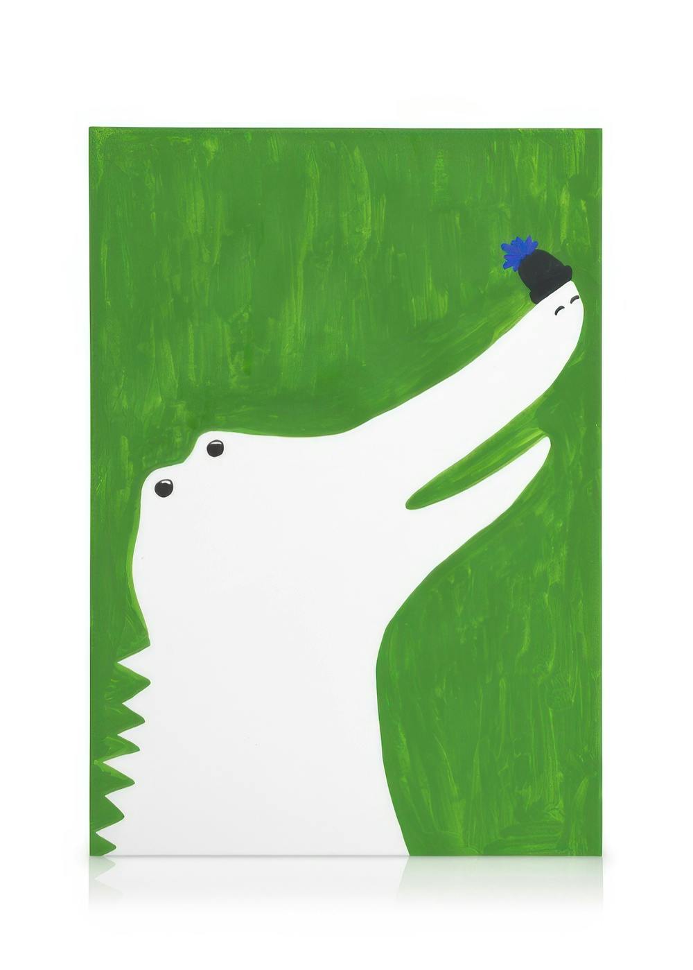 Quadro em tela com crocodilo branco de estilo abstrato com chapéu preto e azul, sobre fundo verde escuro.