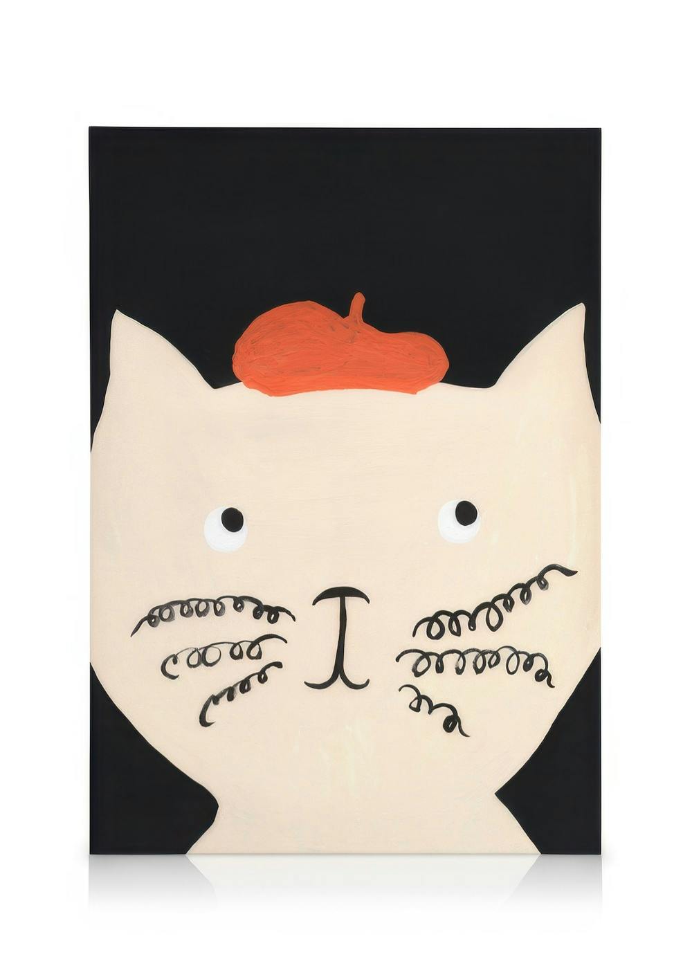 Kissan kanvaasitaulu, jossa on valkoinen kissa oranssissa baretissa mustalla taustalla.