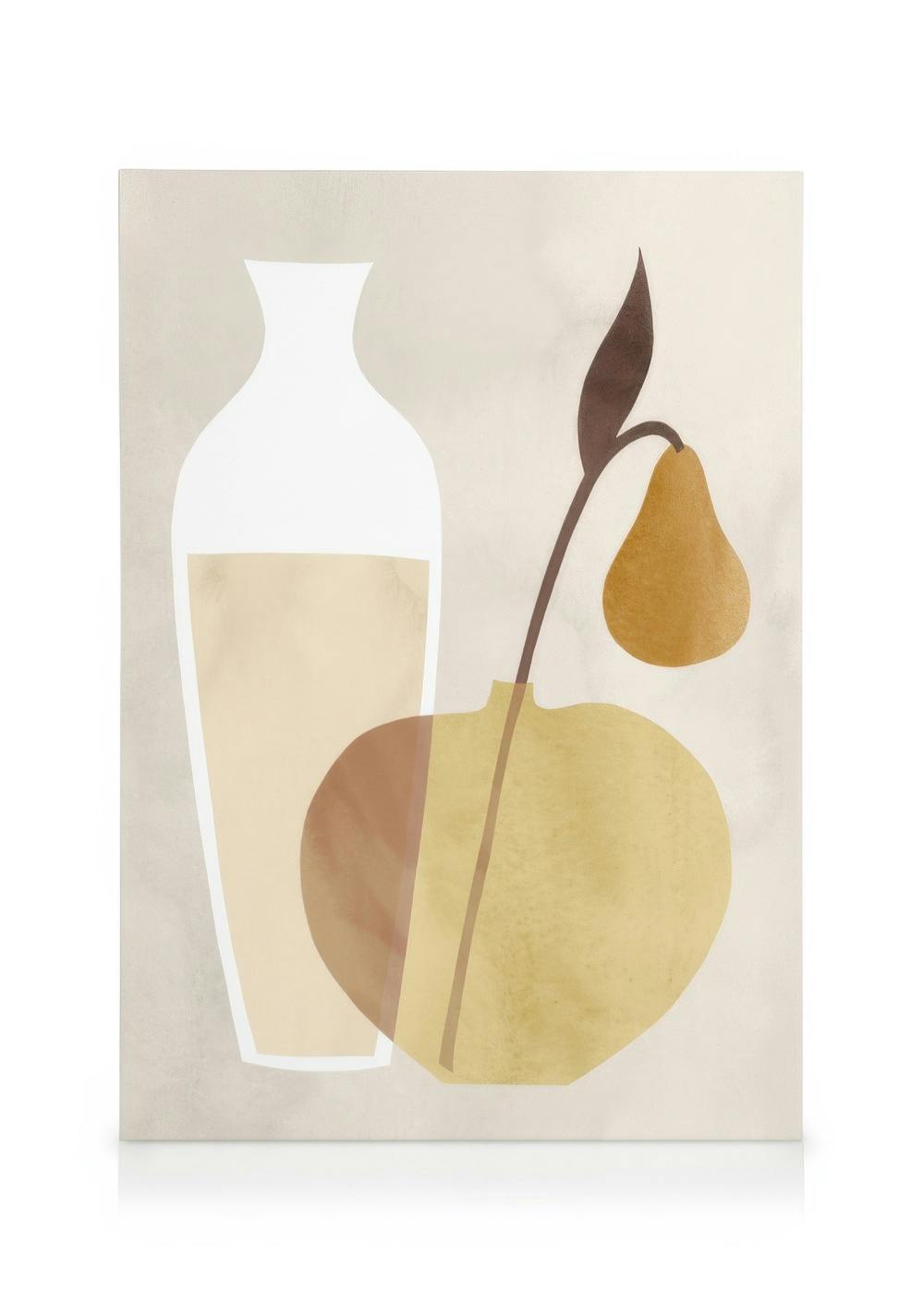 Lienzo abstracto de jarrón y pera en tonos tierra, beige y marrón oscuro, ideal para decoración minimalista.