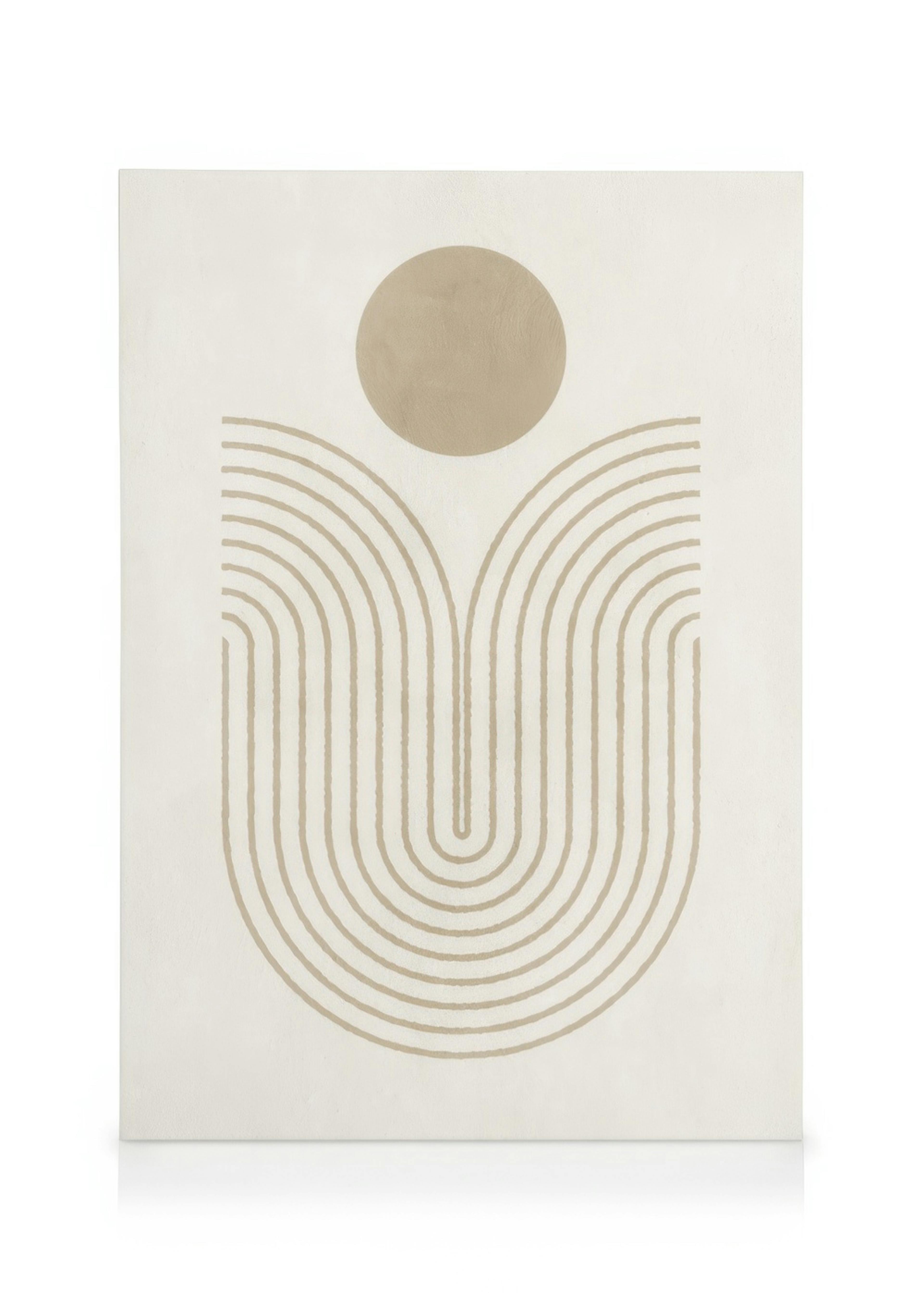 Abstract canvas print with a beige circle and radiating arched lines, displayed above a wooden console in a minimalist living ro