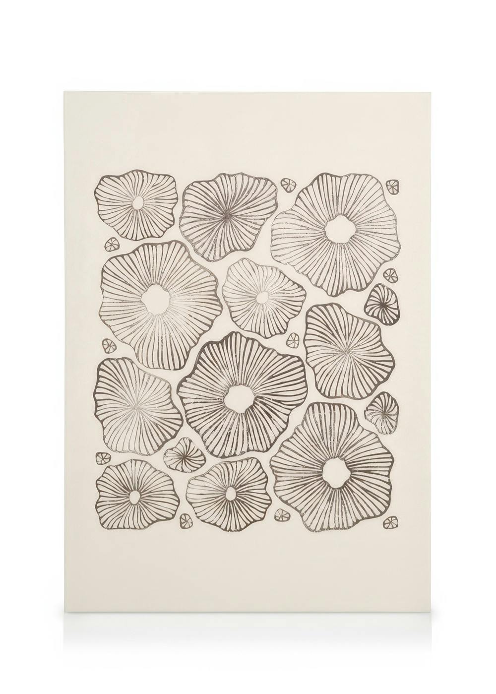 Linocut canvas print with dark floral patterns on a light beige background, perfect for modern gallery wall art.