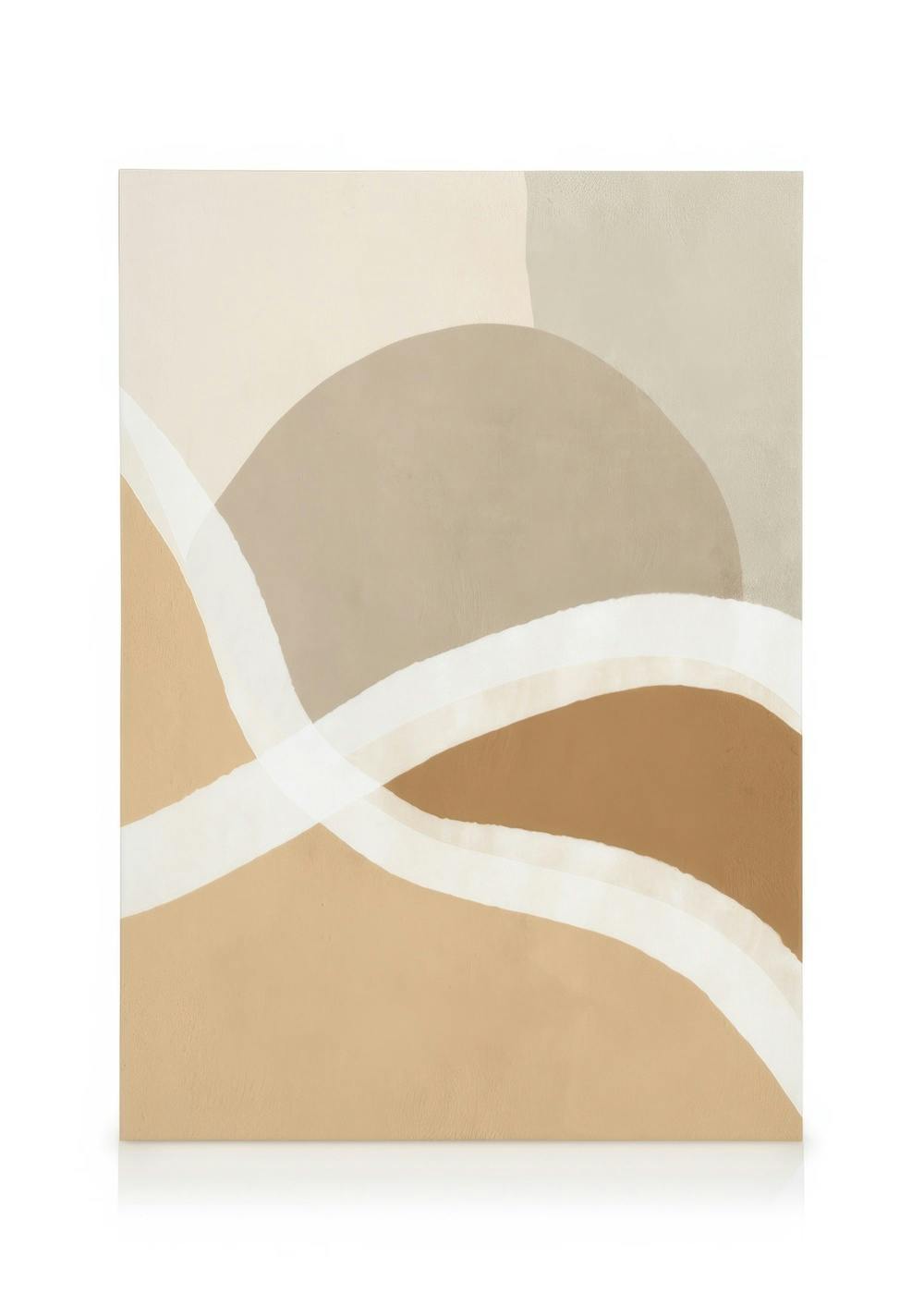 Abstract canvas print with beige, taupe, and brown shapes, featuring white curvy lines and a large brown circle.