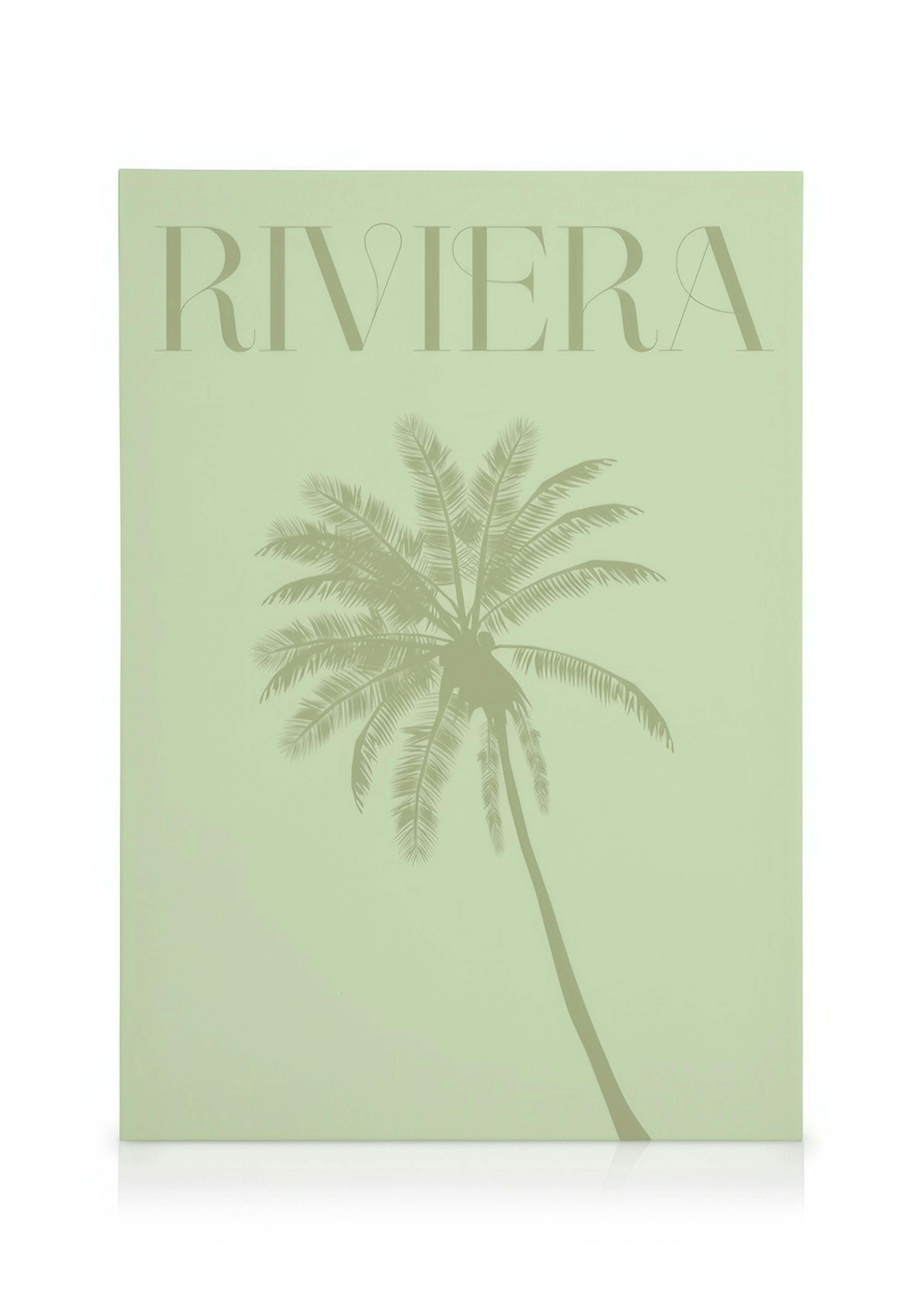 Toile Riviera avec un palmier tropical en ombre verte sur fond vert clair, texte Riviera en haut