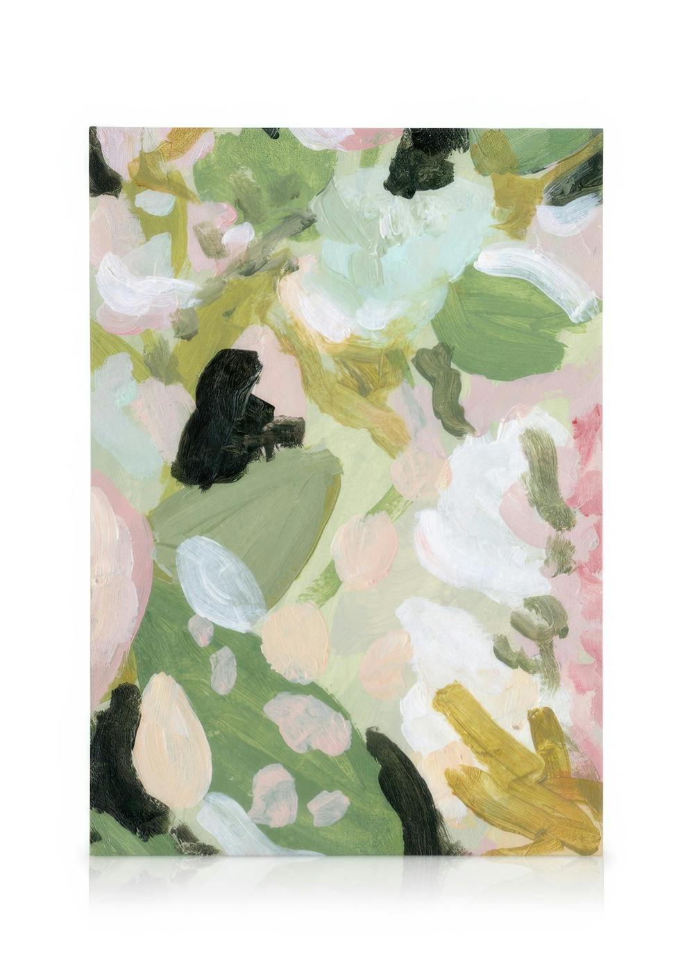 Abstraktes botanisches Leinwandbild, gemalt mit Pastellfarben, Weiß, Grün, Rosa und Schwarz, dicke Pinselstriche.