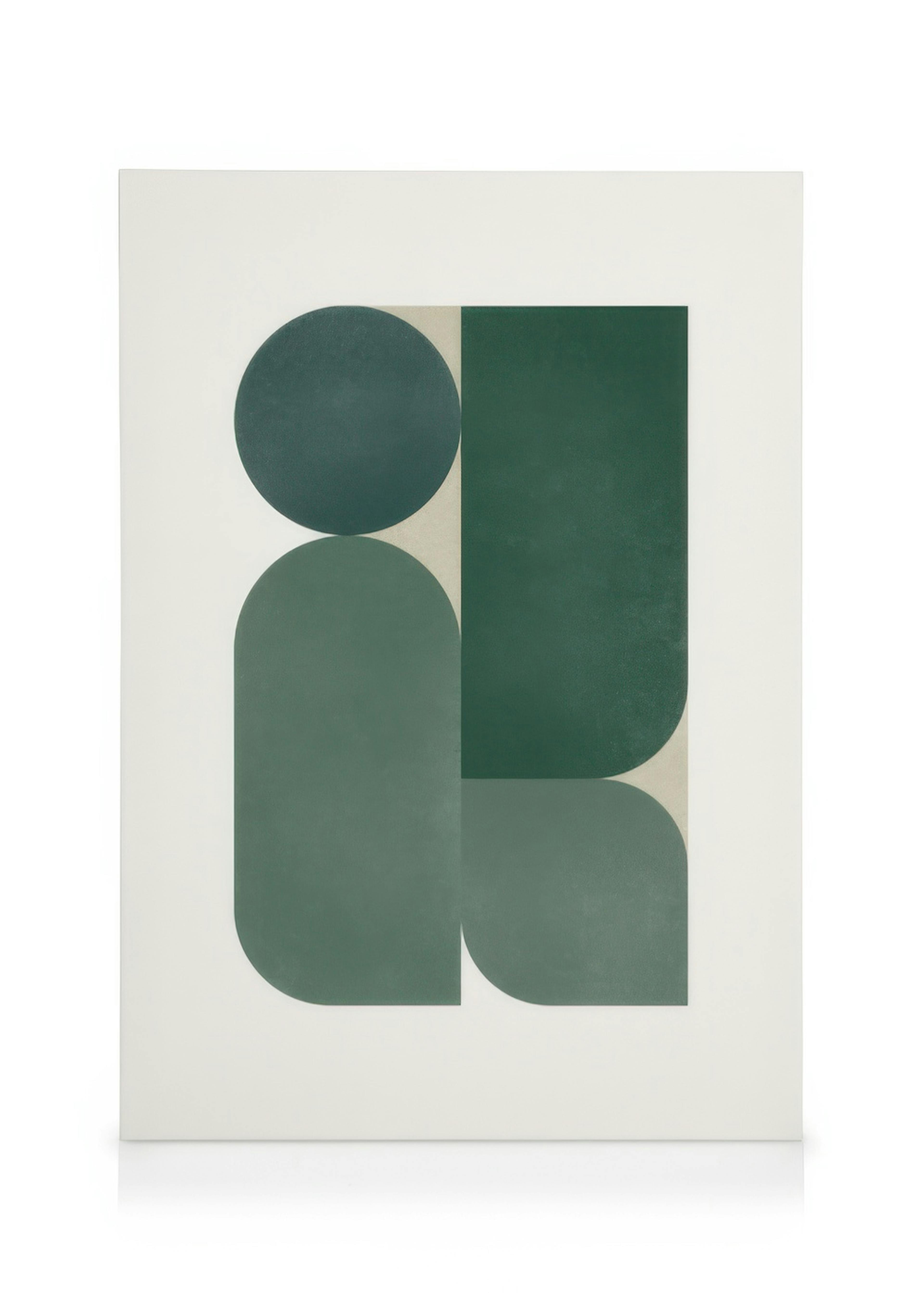 Lienzo abstracto con formas geométricas verdes superpuestas y texturizadas: círculos y rectángulos en un fondo blanco.