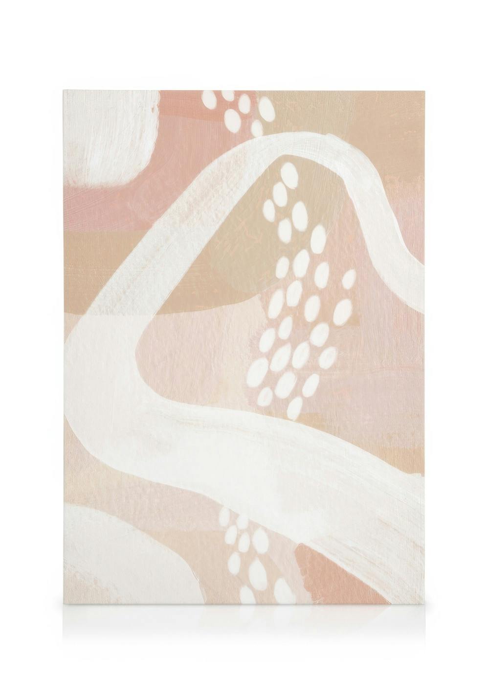 Abstract canvas met zachte roze, beige en witte tinten, golvende lijnen en gegroepeerde stippen.