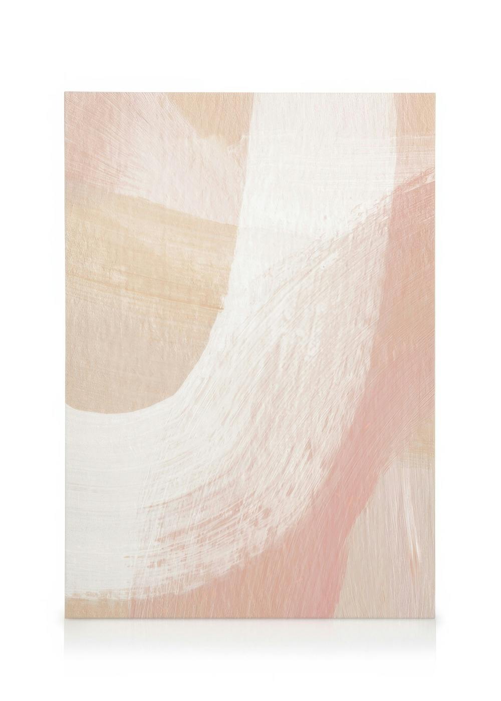 Toile abstraite aux coups de pinceau doux en rose, blanc et beige, ambiance calme, art moderne