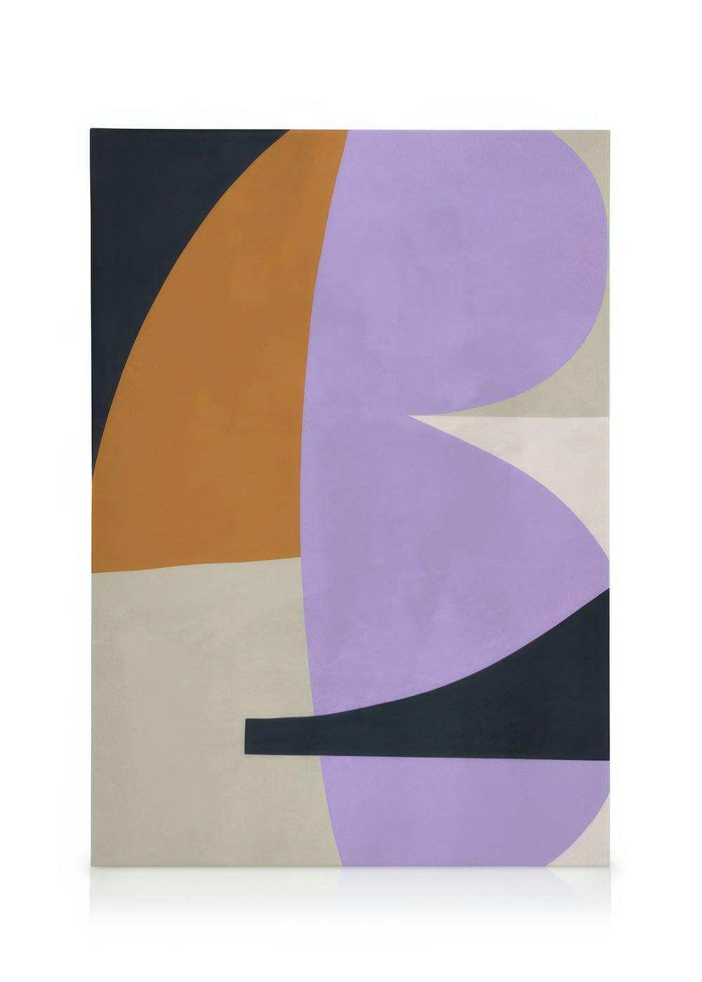 Lærred med irregulære former i lilla, orange, sort og beige. Abstrakt design, moderne vægkunst.