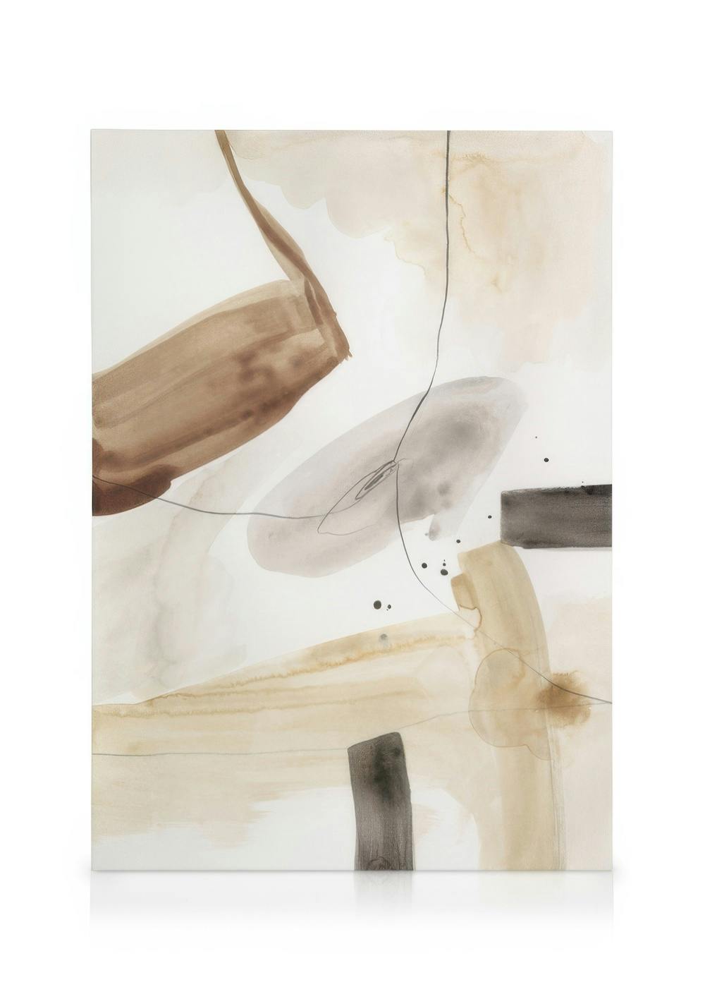 Lienzo abstracto con pinceladas en tonos beige, marrón y gris, y líneas finas negras sobre un fondo blanco.