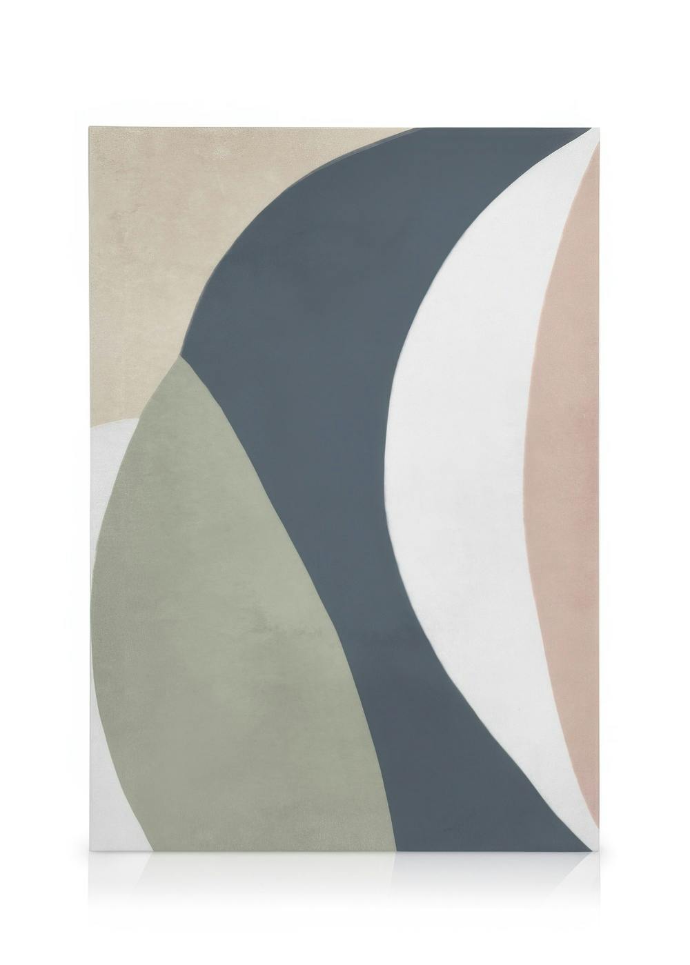 Leinwandbild mit weichen, geschwungenen Formen in Marineblau, Salbeigrün, Weiß und Rosé auf beigem Hintergrund.