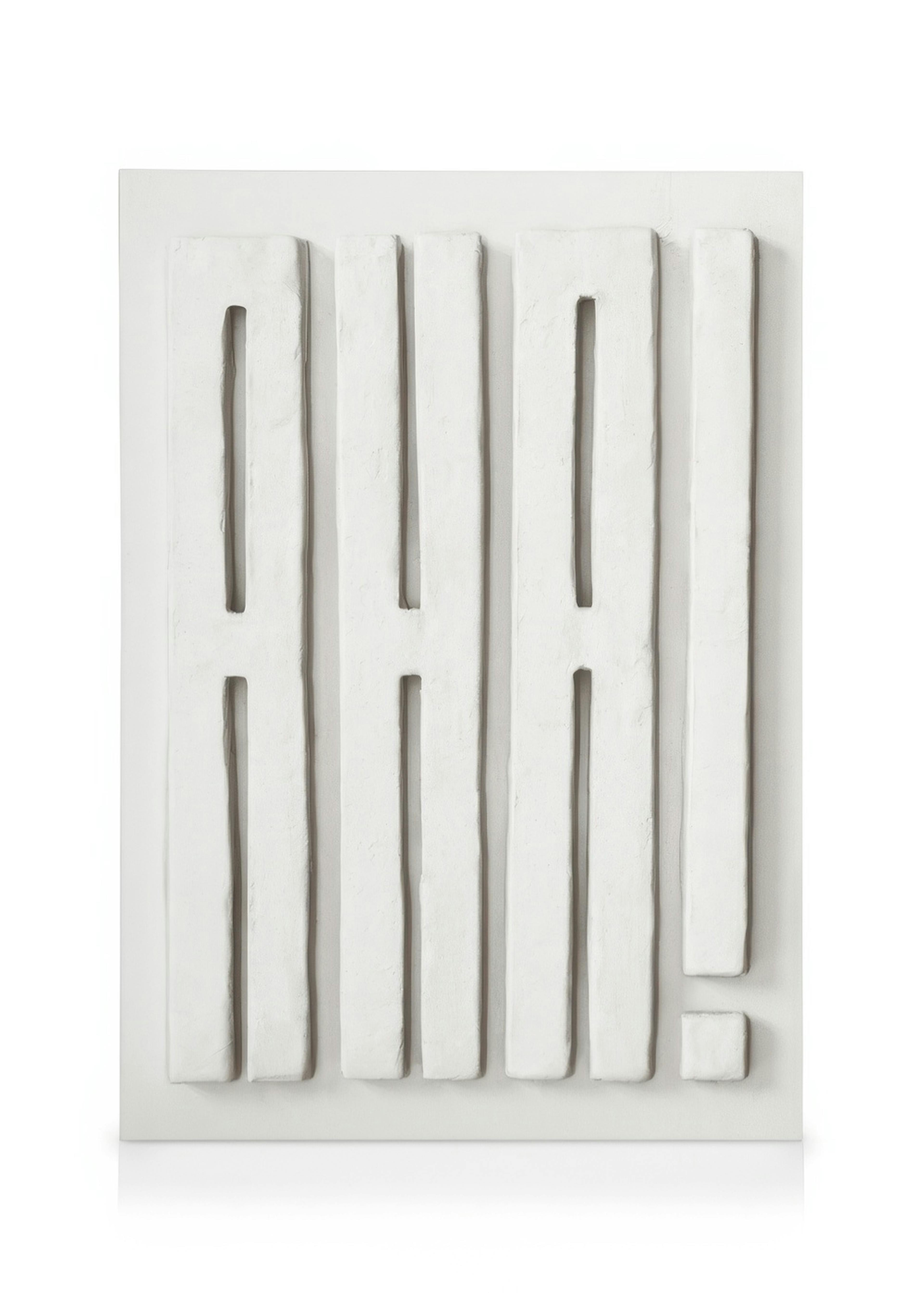 Abstract canvas art, white textured vertical bars on white background, creating the word AHA! and an exclamation mark.
