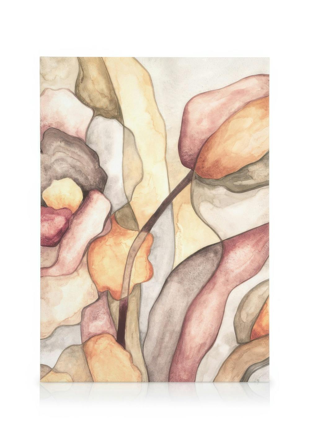 Botanisches Leinwandbild mit abstrakten Formen in erdigen Farben wie Beige, Braun und Rostrot, überlappend und organisch.