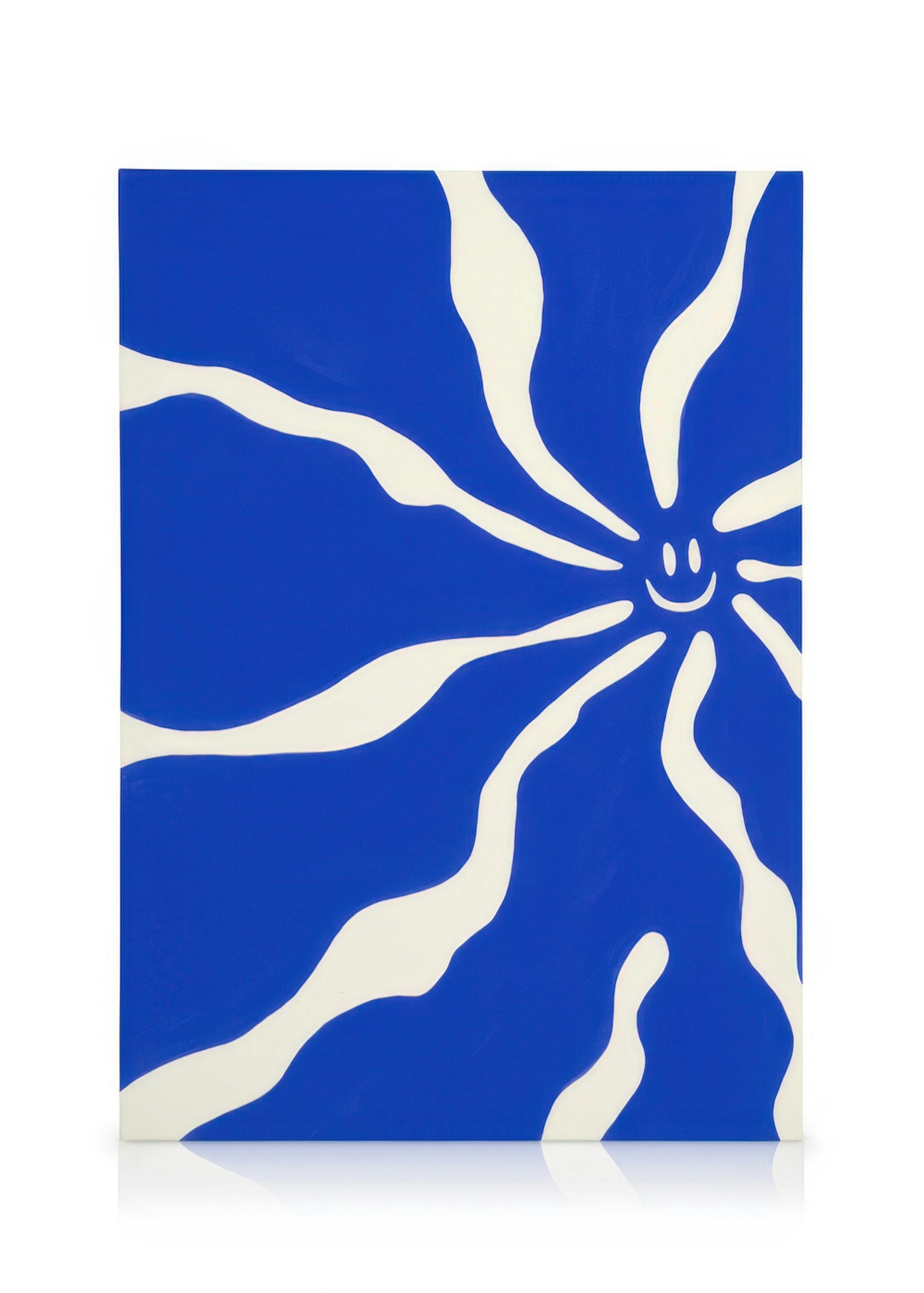 Blue canvas with a happy white flower design, featuring a smiling face at its center, radiating joy.