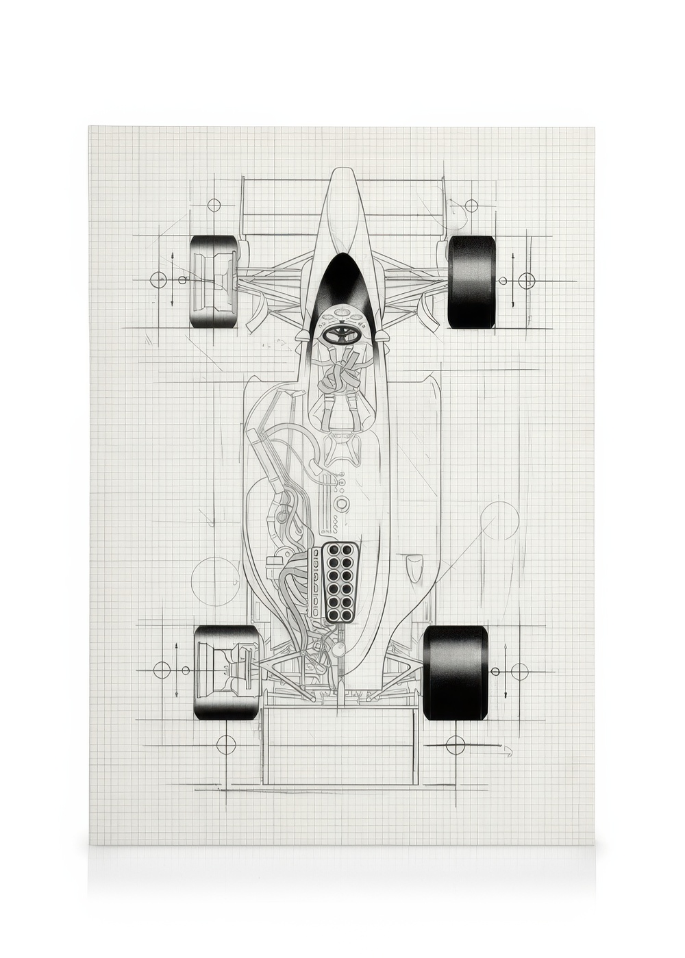 Toile voiture de course – Dessin technique en noir et blanc
