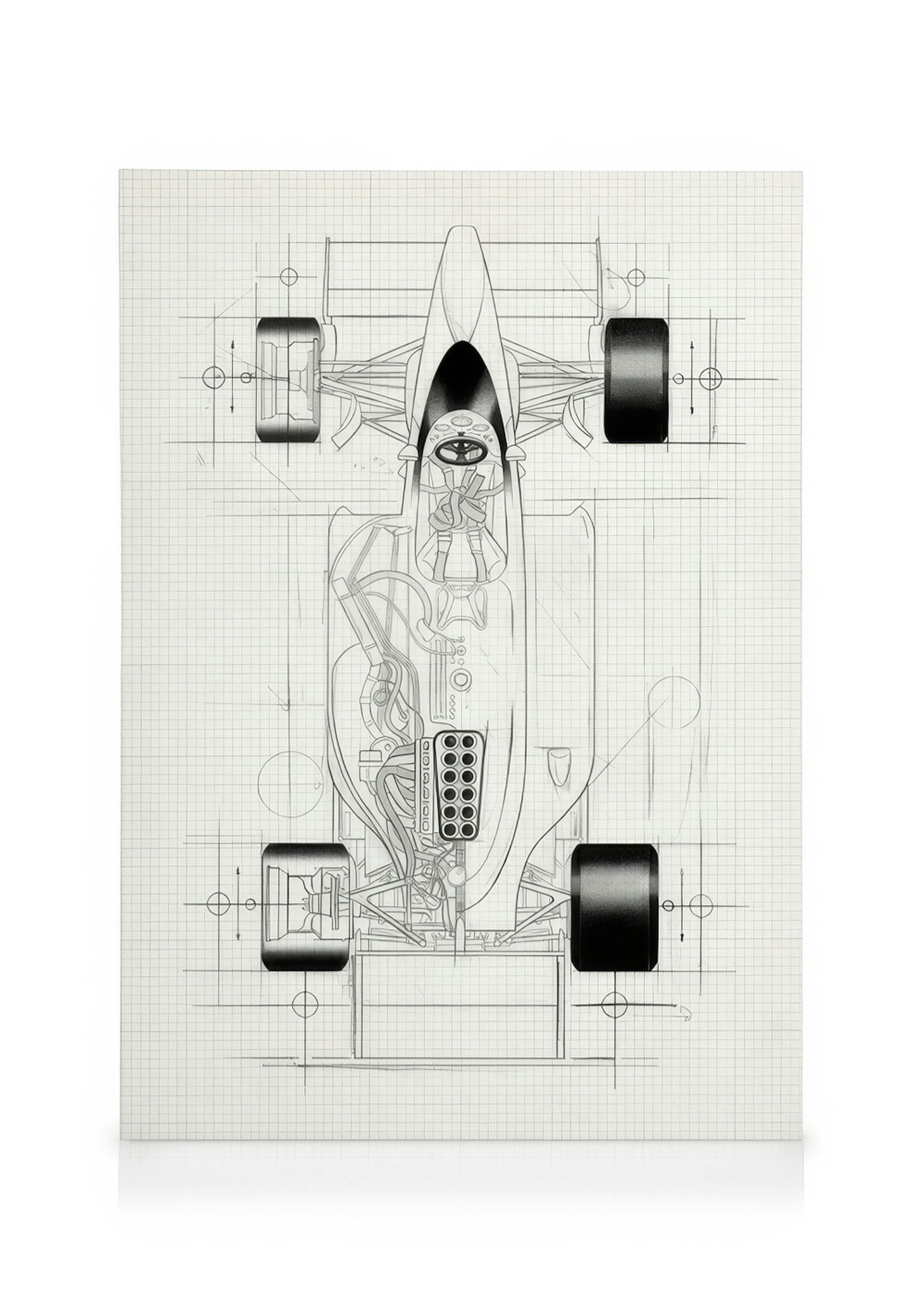 Canvas met gedetailleerde zwart-wit technische tekening van een raceauto bovenaanzicht op ruitjespapier.