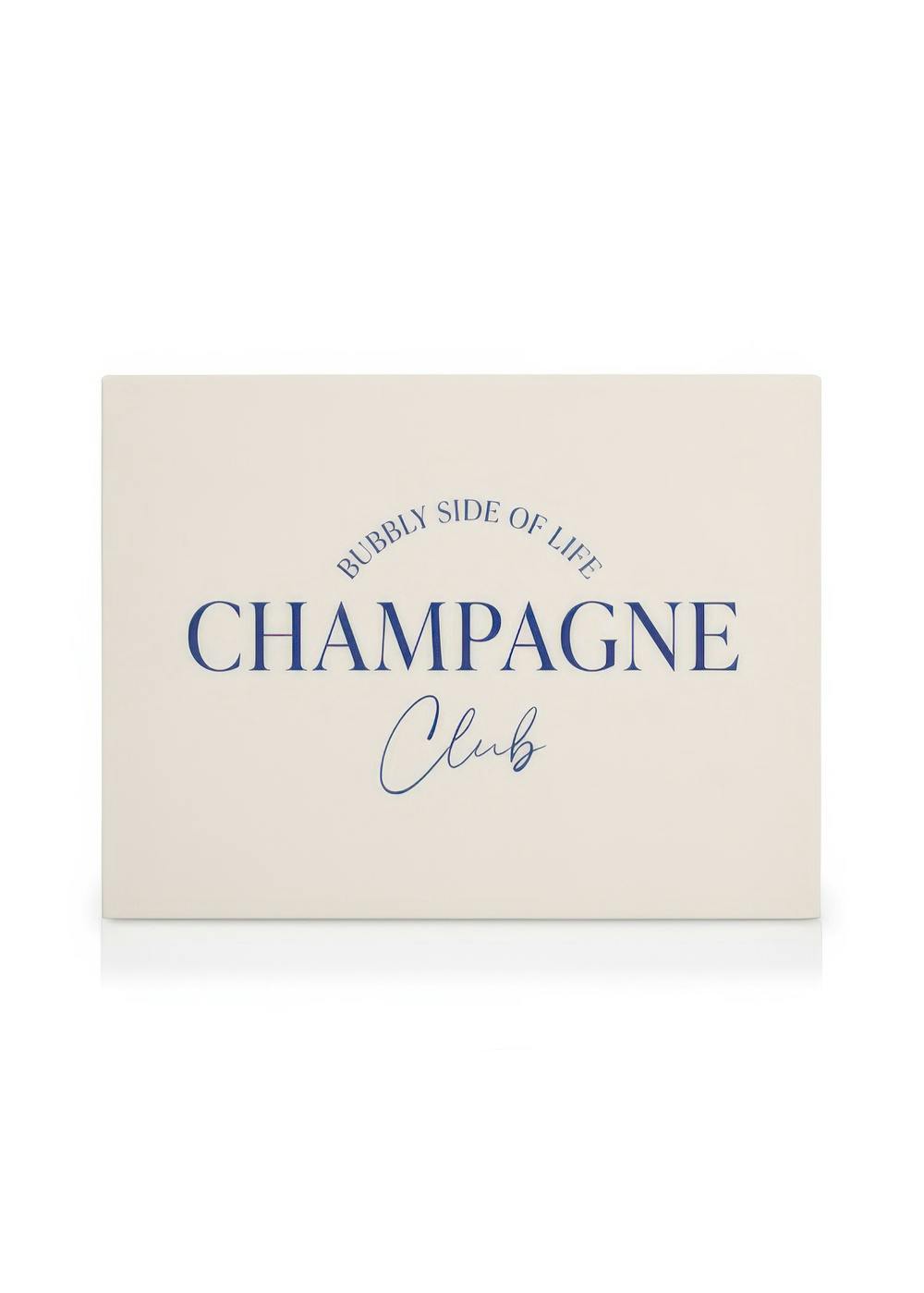 Champagne Club canvas print featuring Bubbly Side of Life Champagne Club in blue text on a cream background.