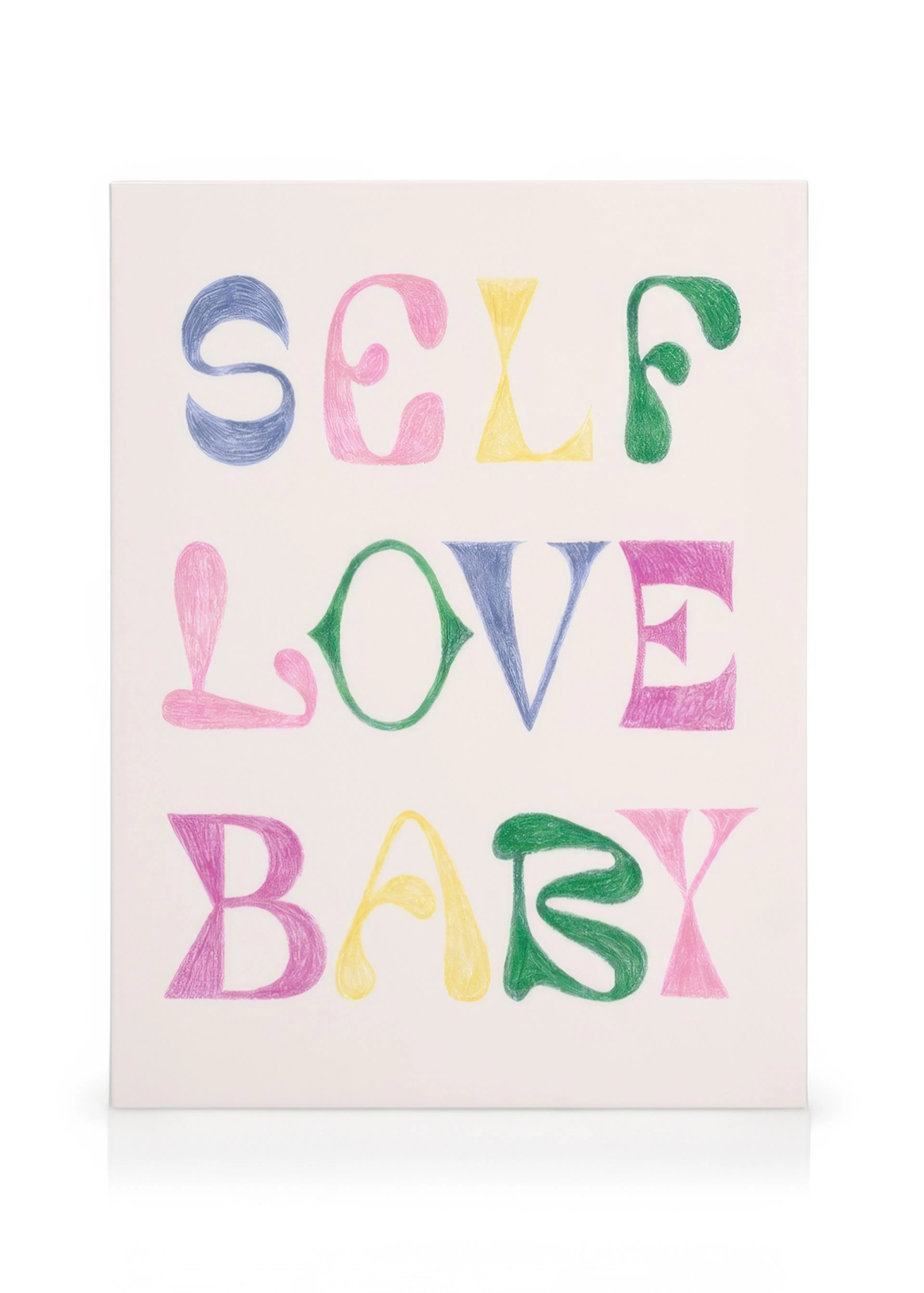 Färgglad canvastavla med handritade bokstäver som bildar Self Love Baby i blått, grönt, gult, rosa, lila på vit bakgrund.