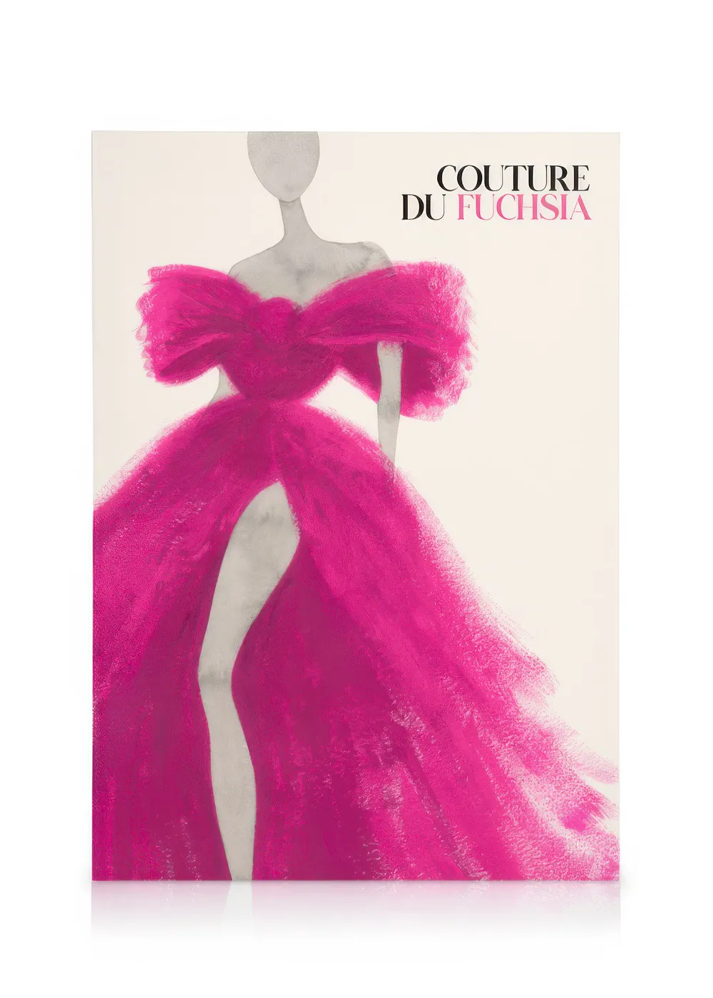 Toile de mode couture fuchsia avec silhouette en robe rose et typographie « Couture Du Fuchsia »