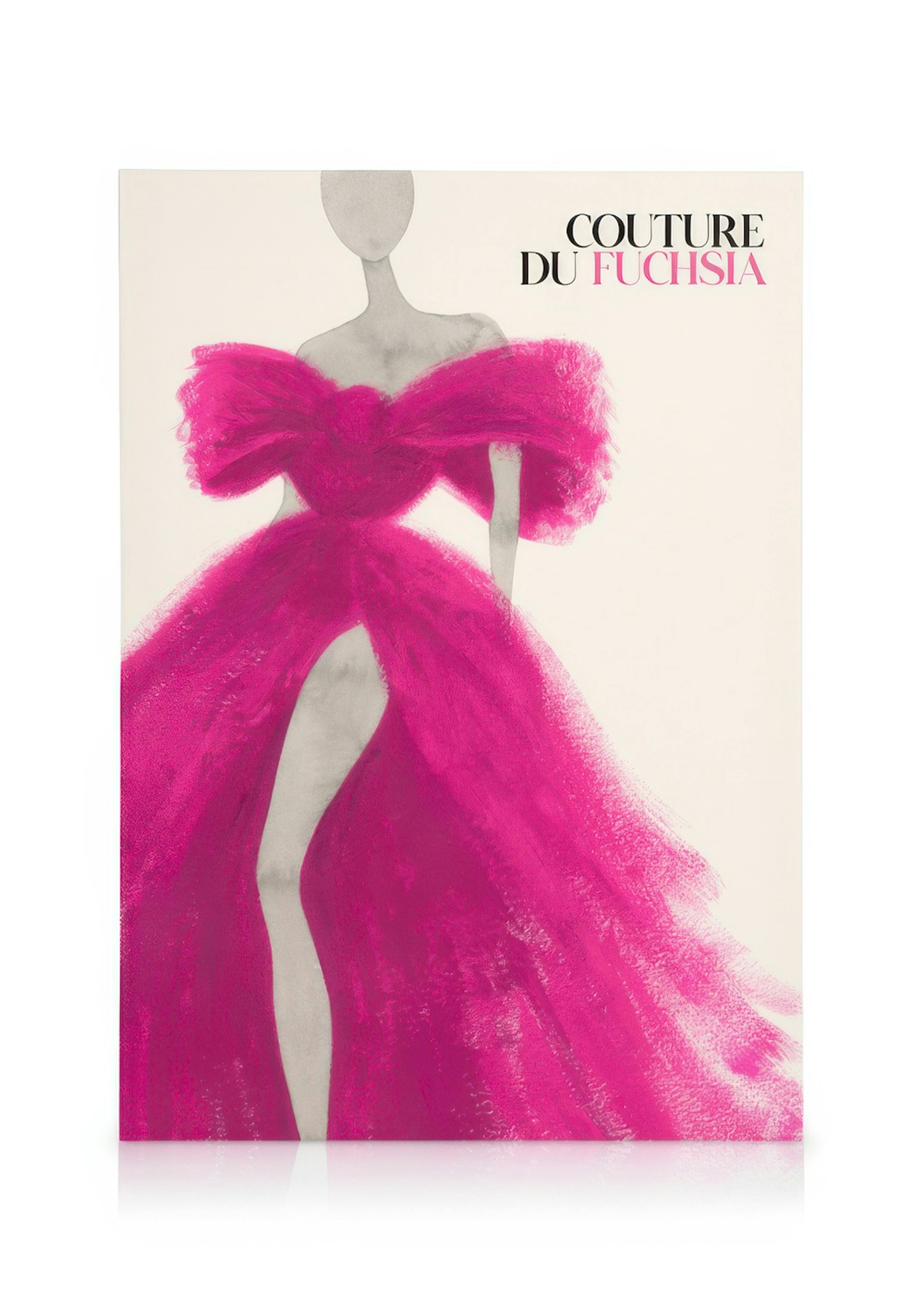 Fuchsia couture mode illustration lærred, med en model i en pink festkjole, Couture du Fuchsia.