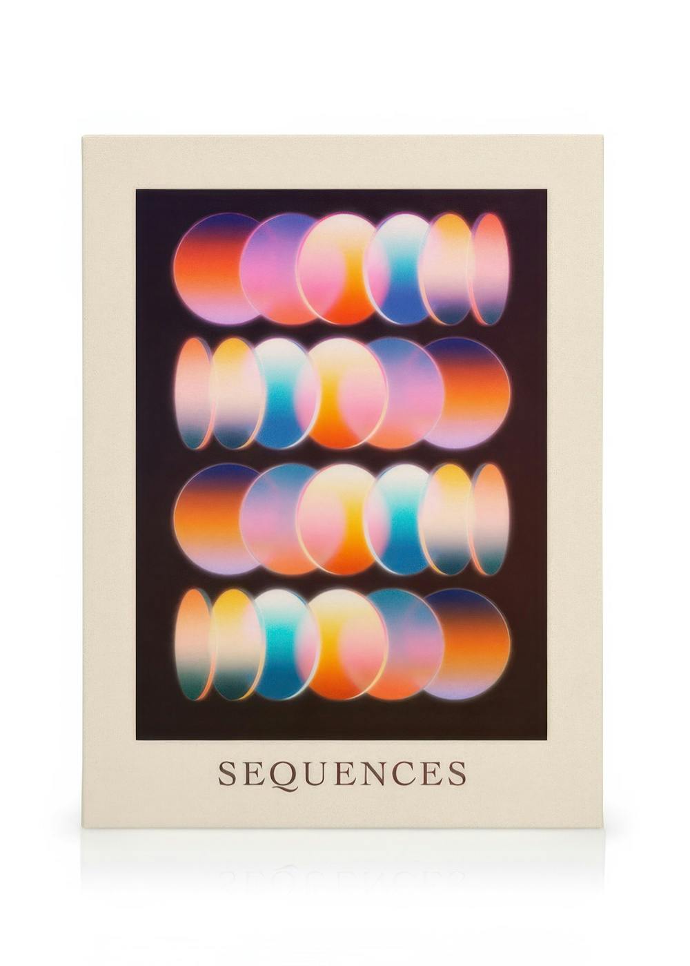 Sequences canvas print with overlapping gradient circles in pink, orange, and blue on a black background