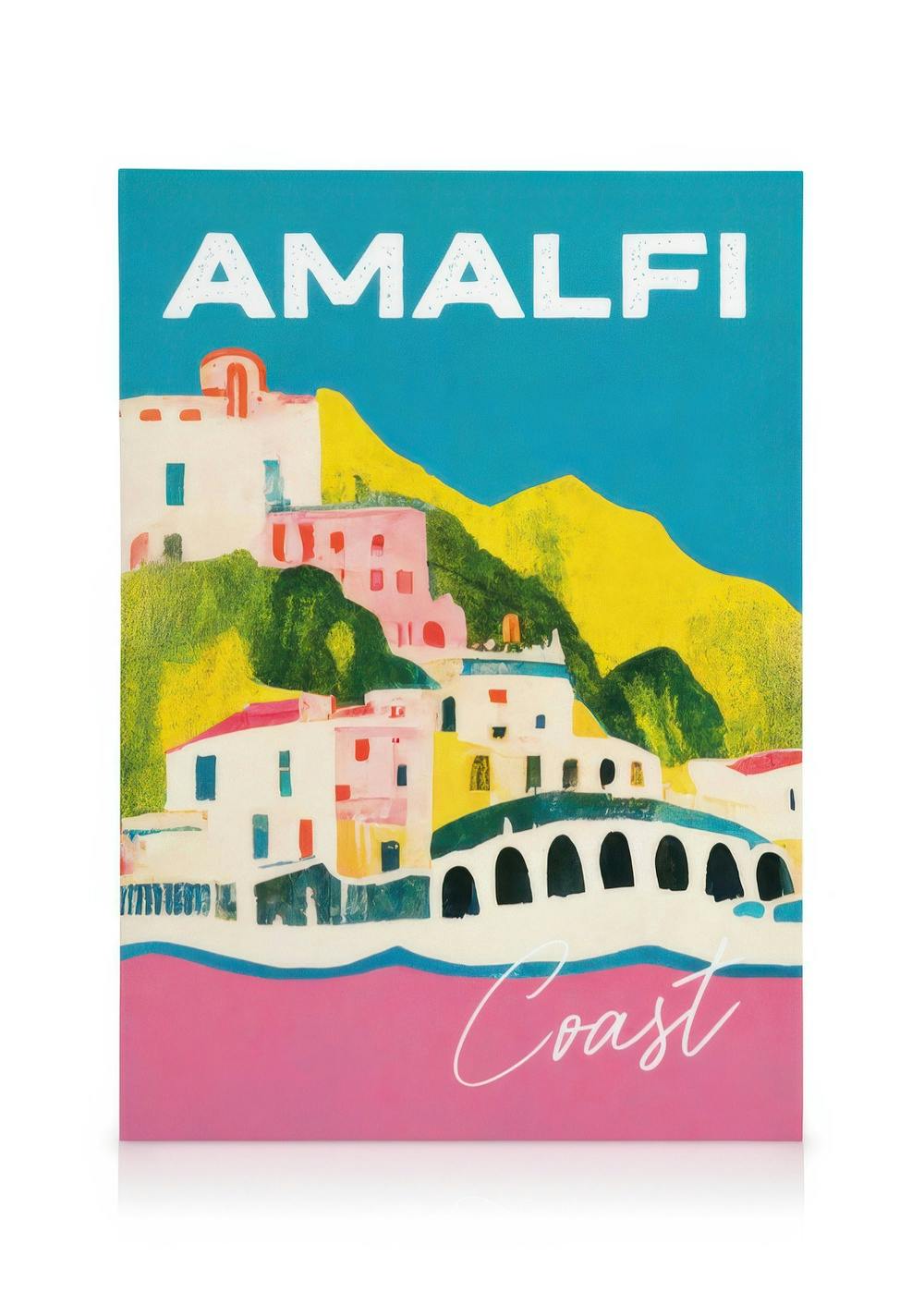 Κάδρος Amalfi Coast με πολύχρωμα σπίτια, βουνά και θάλασσα. Τέχνη τοπίου.