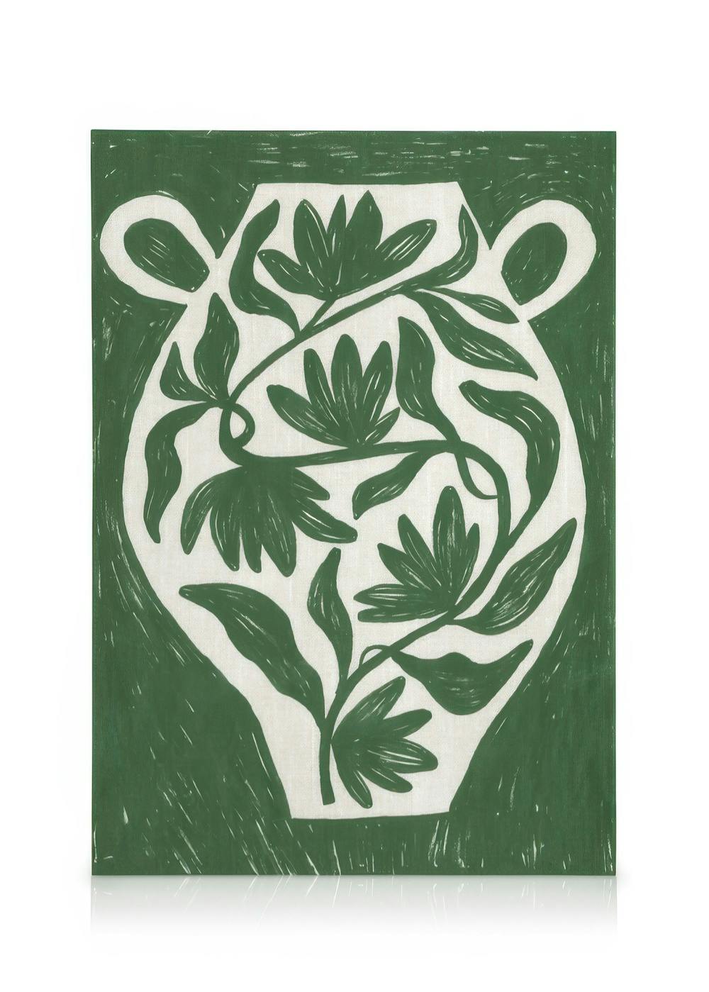 Grünes botanisches Leinwandbild, Vase mit dunkelgrünen Blättern und Blüten auf hellem Hintergrund.