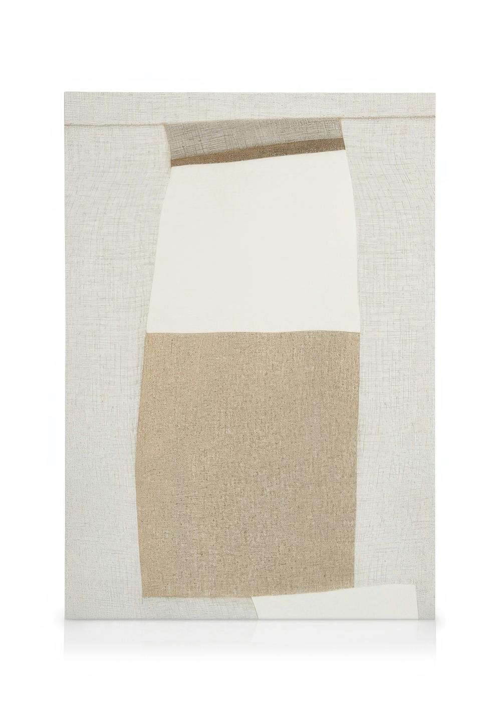 Textile patchwork canvas print with abstract shapes in neutral tones, beige and off-white textures, modern wall art.