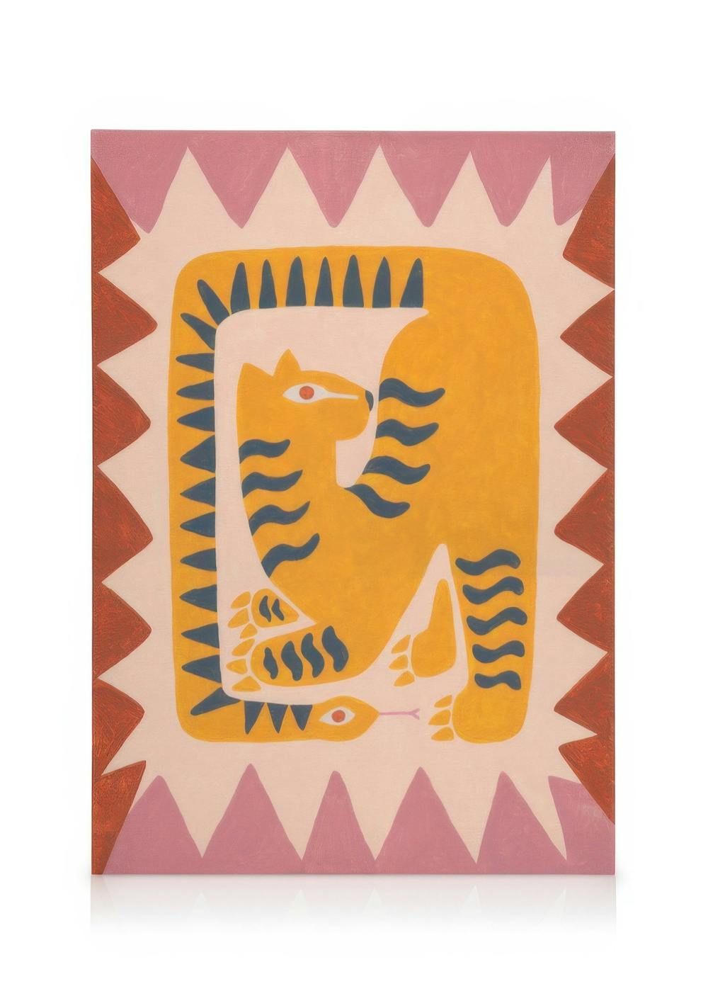 Stiliserad tiger med fiskar och mörka konturer på rosa bakgrund, en unik canvastavla.