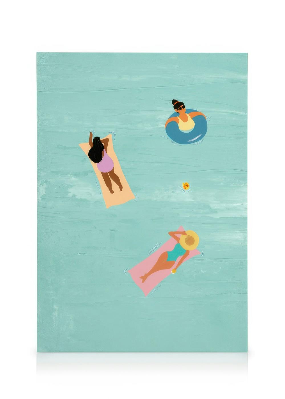 Obraz na plátně: Ženy relaxující v bazénu, zobrazeno shora, s texturou vody, jasné barvy