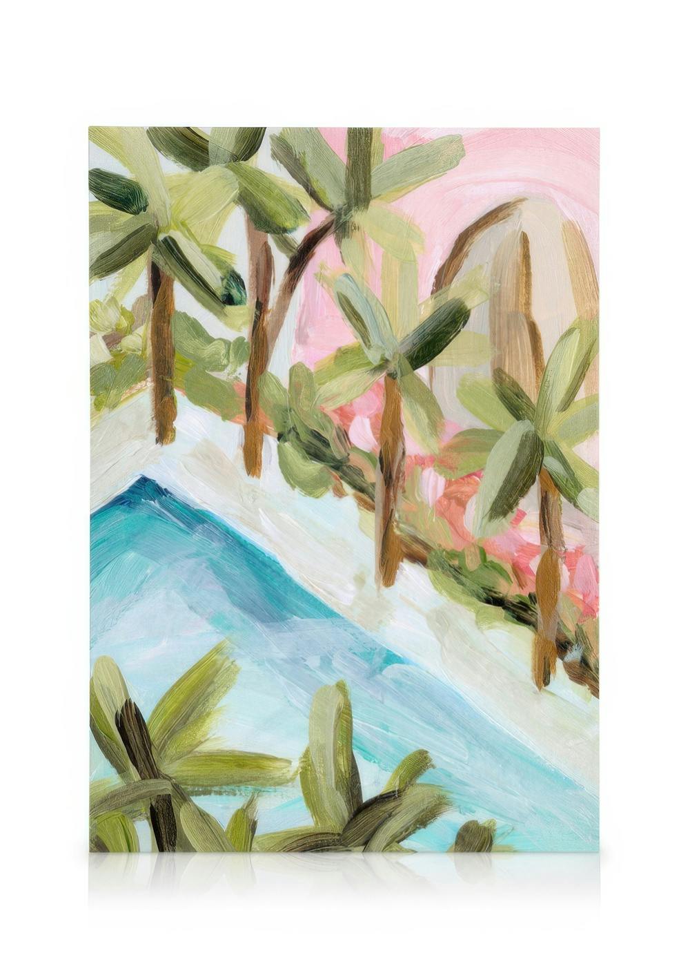 Vibrant abstract poolside scene canvas print with green palm trees, blue water, and pink sky.