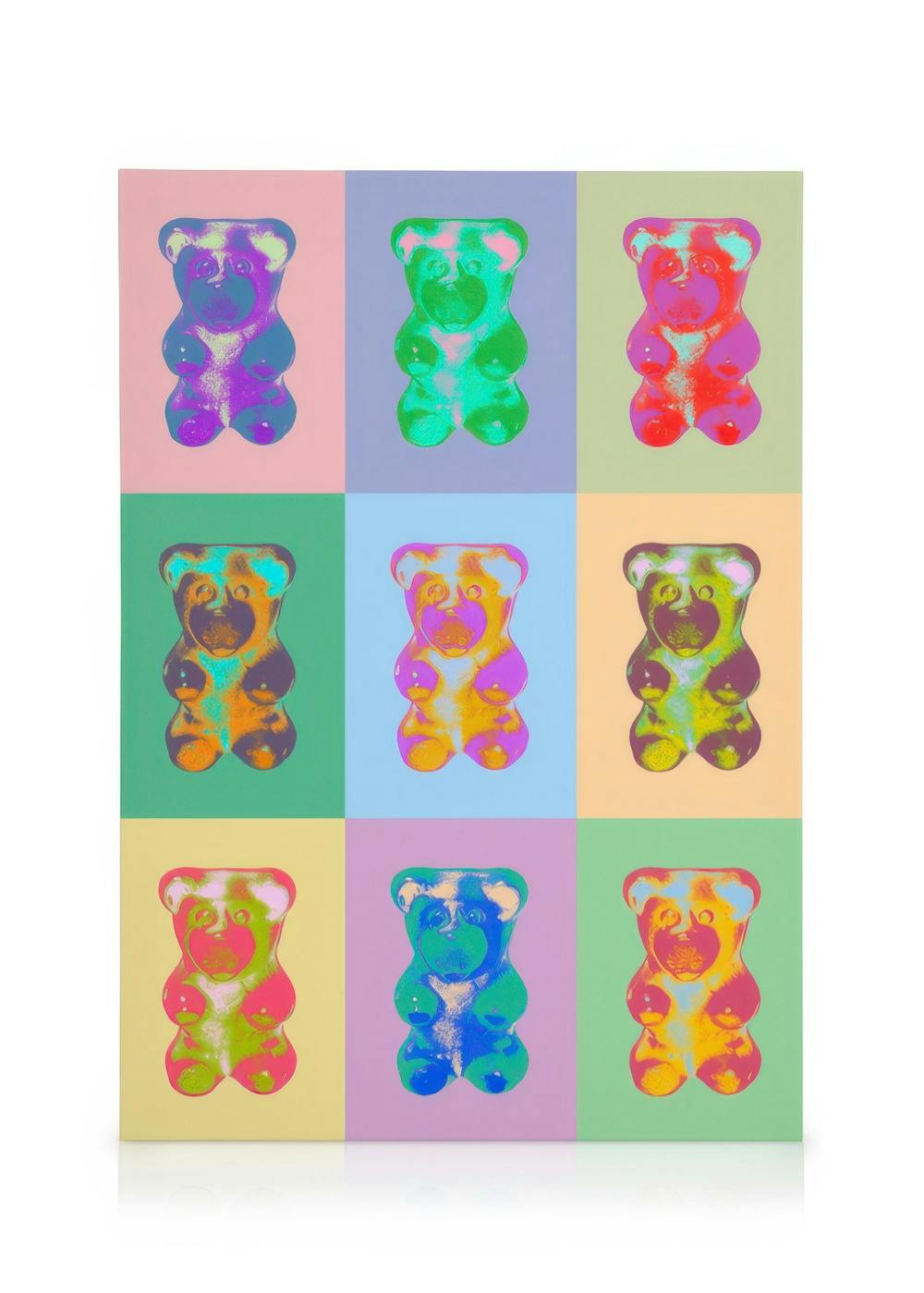 Pop Art Gummy Bear canvas, negen kleurrijke beren in 3x3 raster met felle kleuren op pastelachtergrond.
