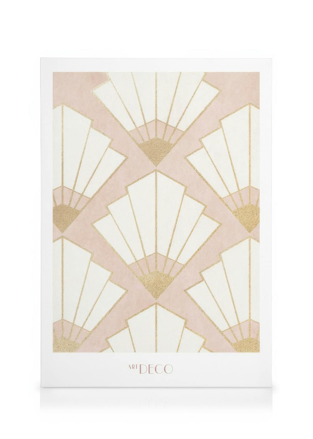 Art Deco geometric pattern canvas print with white, gold, and pink diamond shapes and lines.