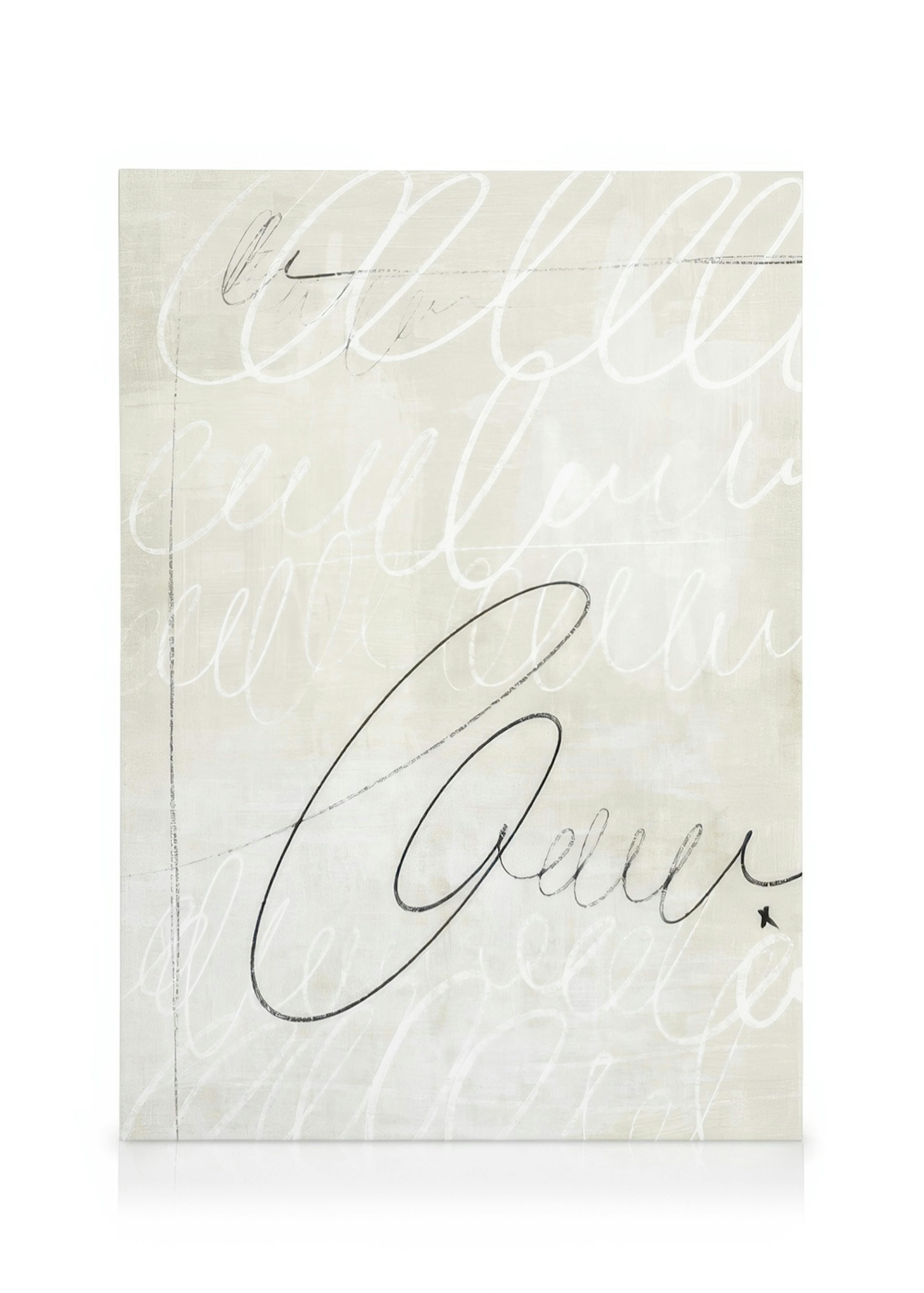 Leinwand mit hellbeigem Hintergrund und schwarzen sowie weissen, schlaufenförmigen Skizzen, die sich überlappen.