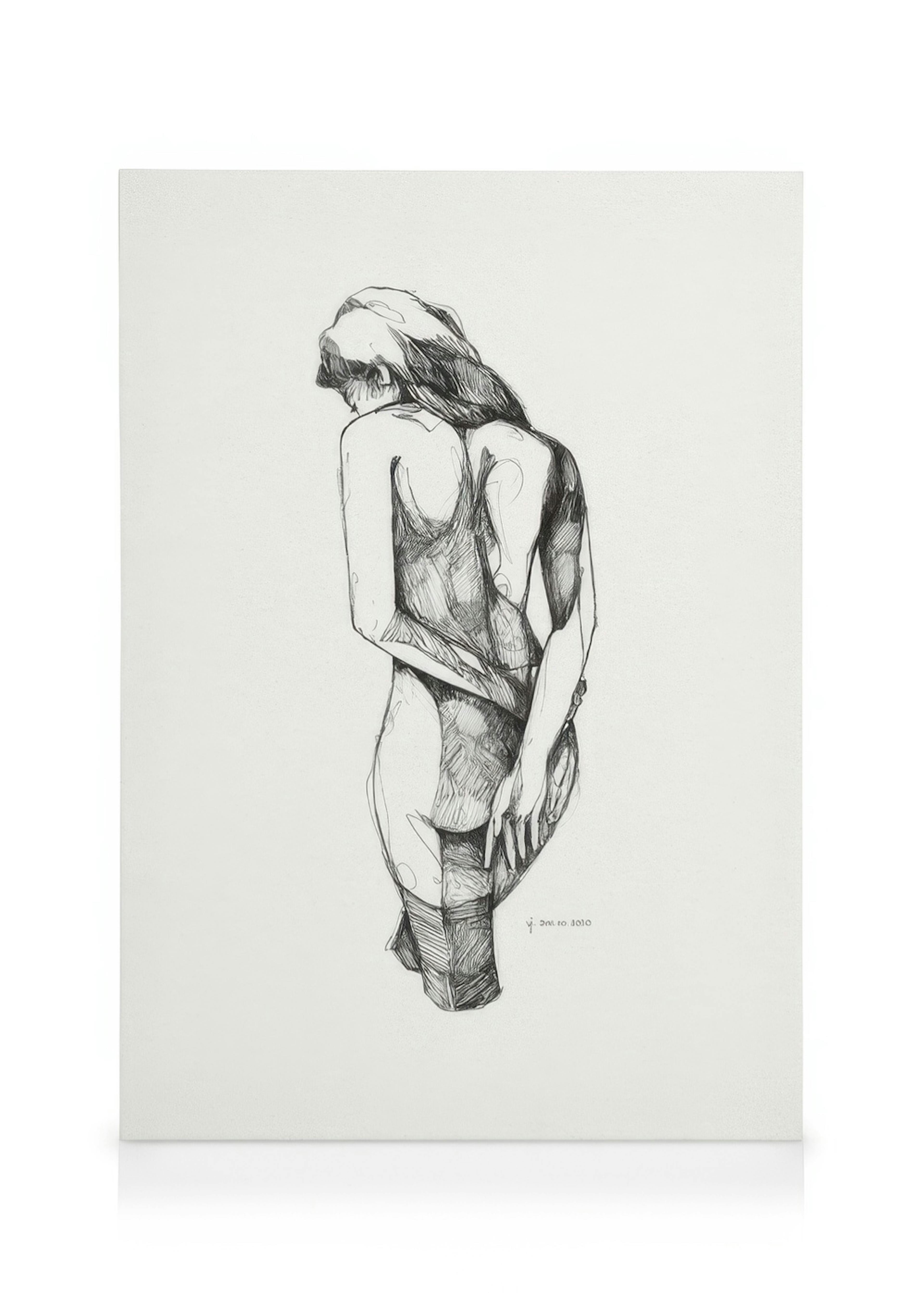 Black and white ink sketch of a thoughtful female figure from behind, head bowed, hands clasped, on a white canvas.