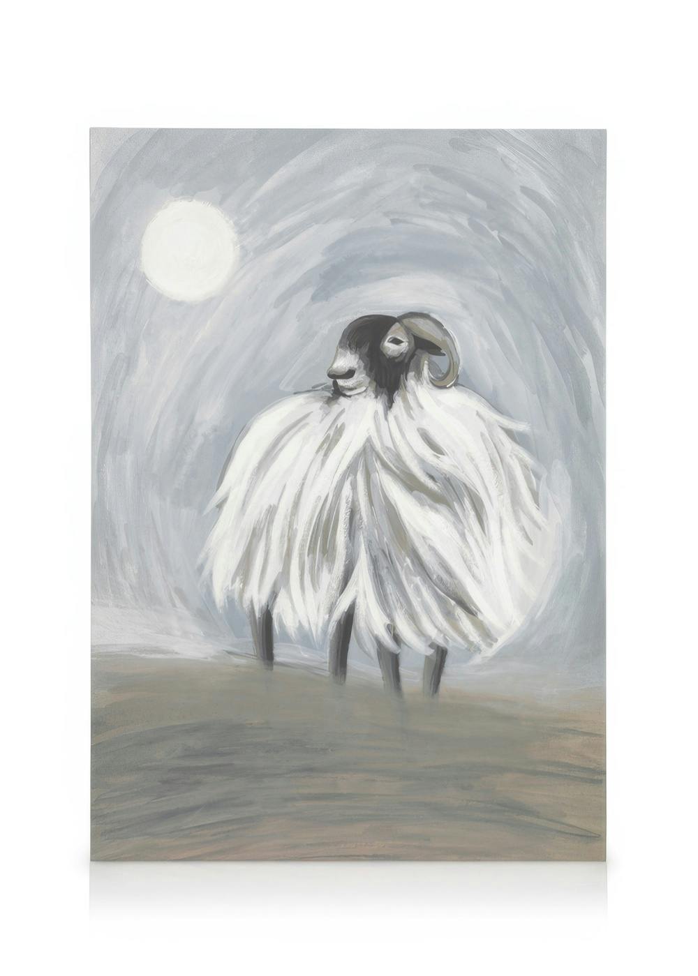 Highland sheep painting, with black face and horns, shaggy white wool, standing under a full moon in a misty landscape.