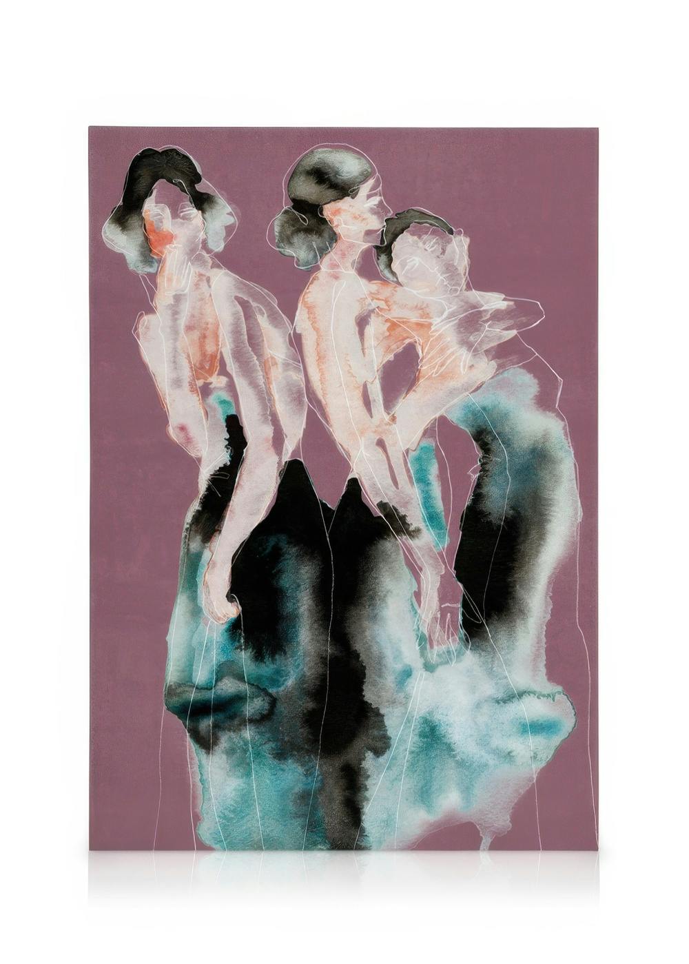 Toile abstraite The Triplets avec trois figures fluides noires et bleues sur fond violet avec des touches de rose et dorange.