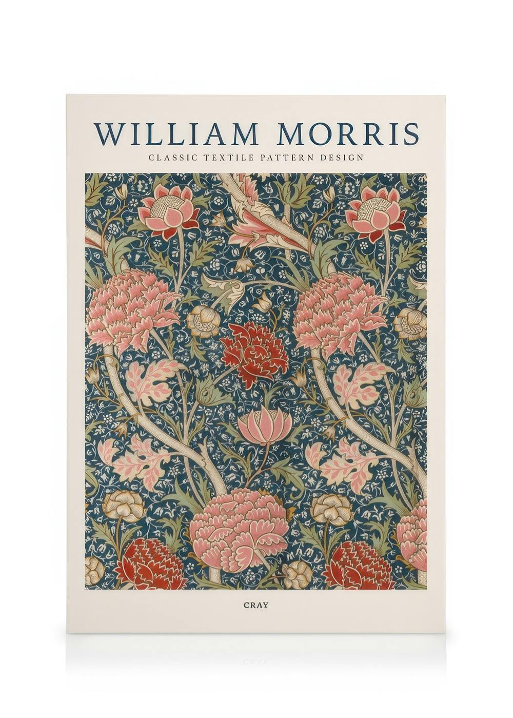 Canvas print with William Morriss Cray floral pattern, featuring pink and red flowers with green leaves on blue.