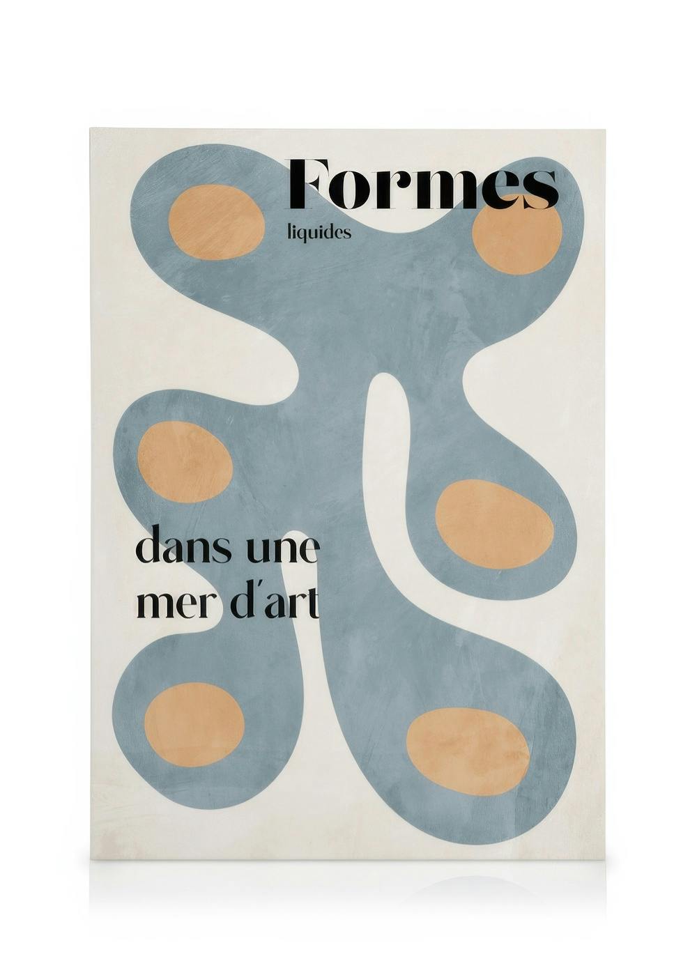 Καμβάς με αφηρημένες οργανικές μορφές σε μπλε, μπεζ και πορτοκαλί αποχρώσεις.