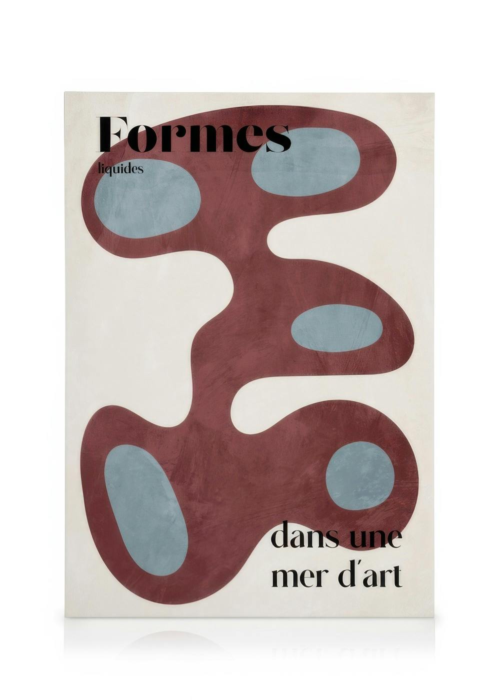 Canvastavla med flytande abstrakta former i rött och blått på en ljus bakgrund, med texten Formes liquides och dans une mer dart
