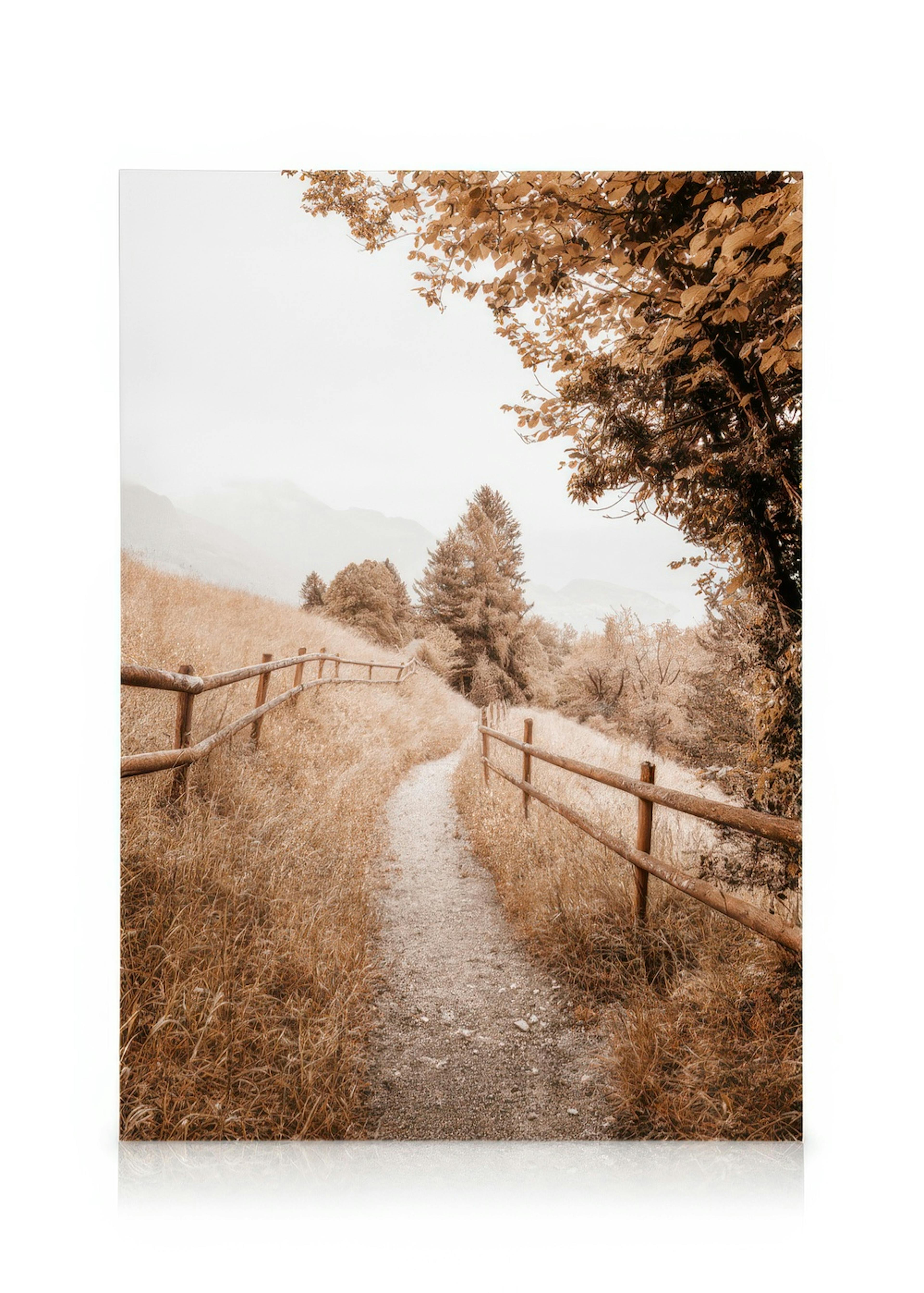 Smal sti gjennom høyt gress og et gjerde i varme bruntoner, skog og fjell i bakgrunnen, nostalgisk stemning