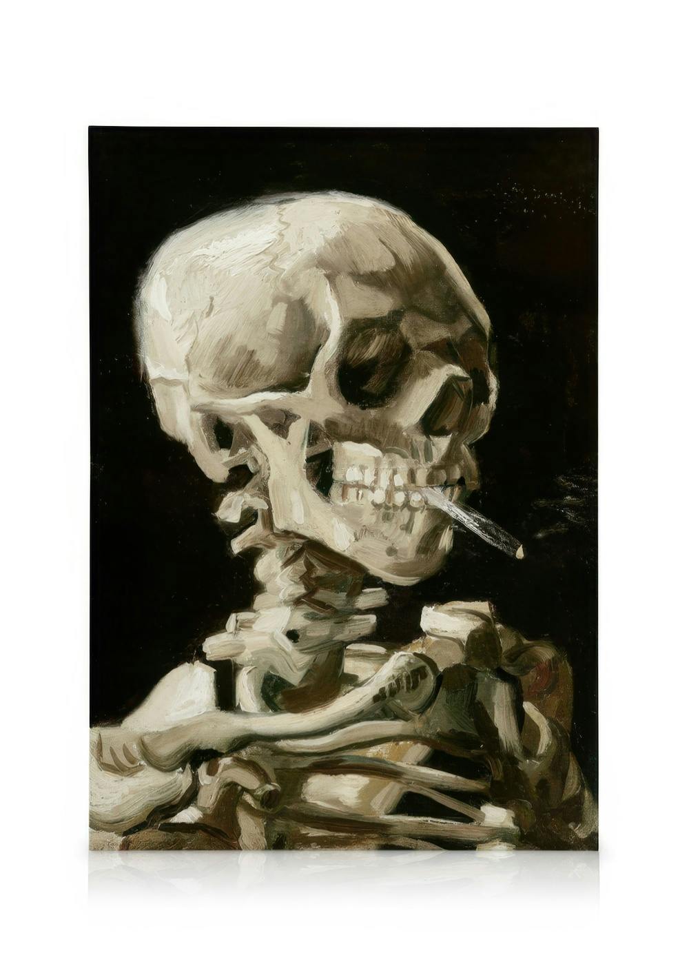 Van Gogh lærred: skelet med cigaret. Mørk kunst, macabre maleri.