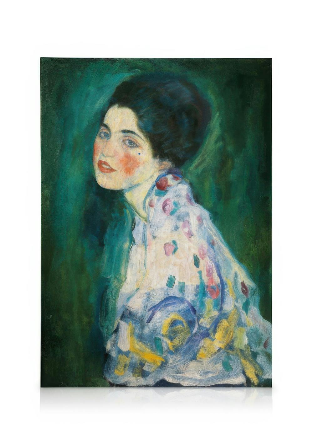 Πορτρέτο κυρίας του Γκούσταβ Κλιμτ, ελαιογραφία με γυναίκα σε πράσινο φόντο, εμπρεσιονιστικό στυλ