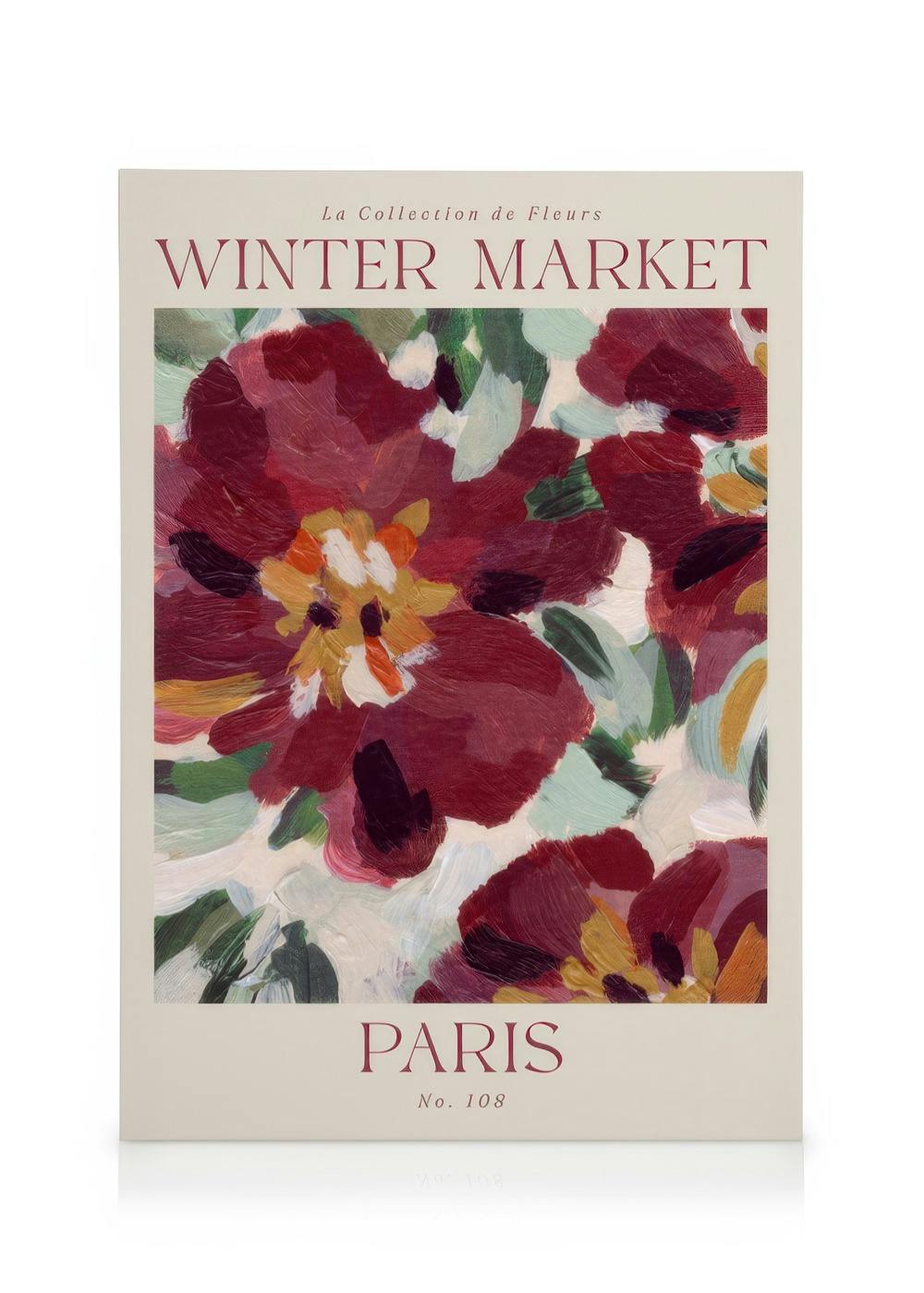 Toile Winter Market avec des fleurs rouges et blanches peintes à la main, texte Paris et No. 108, style impressionniste.