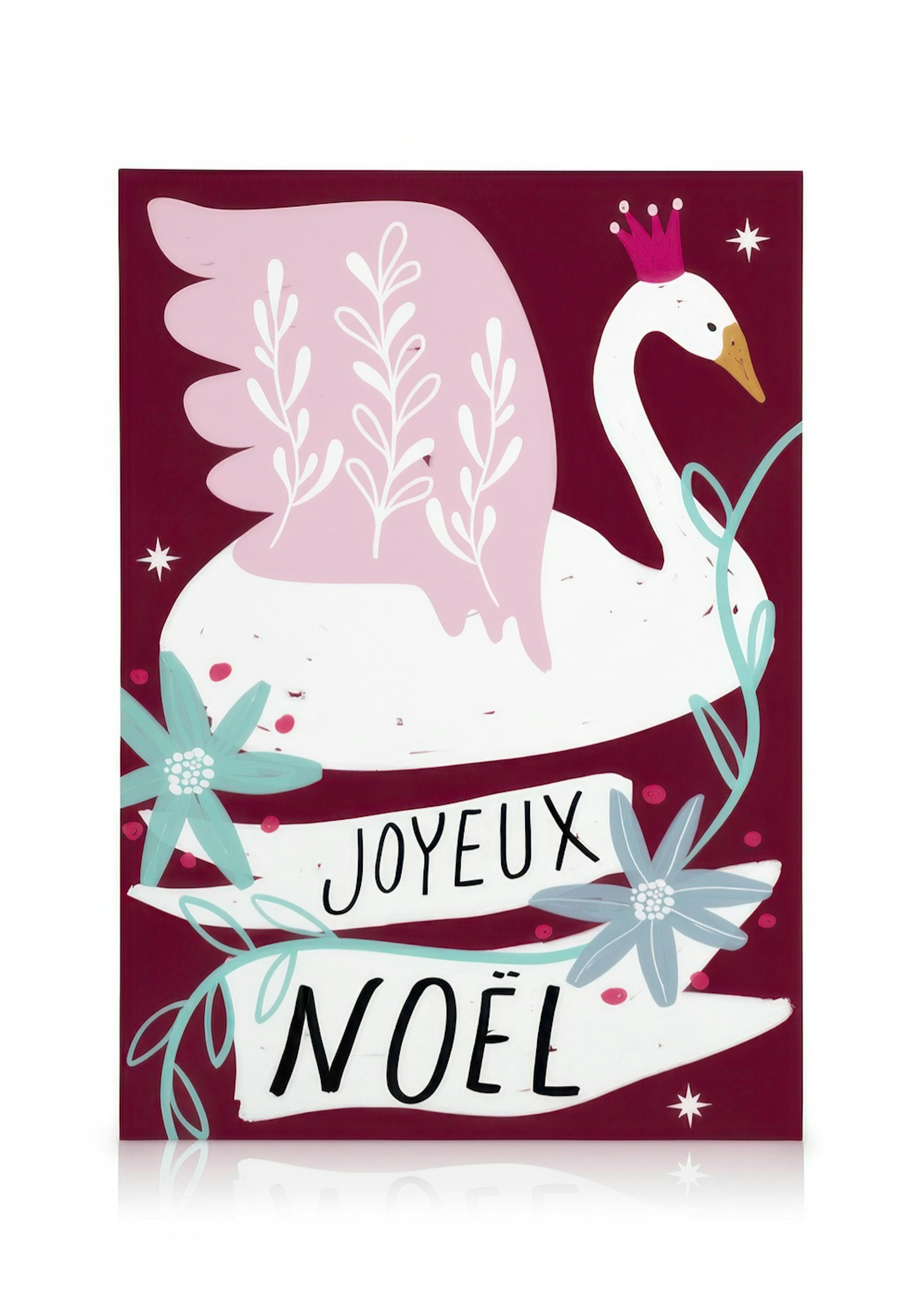 Weihnachtsschwan-Leinwandbild mit rosa Flügeln, Krone und Joyeux Noël-Schriftzug auf dunkelrotem Hintergrund.