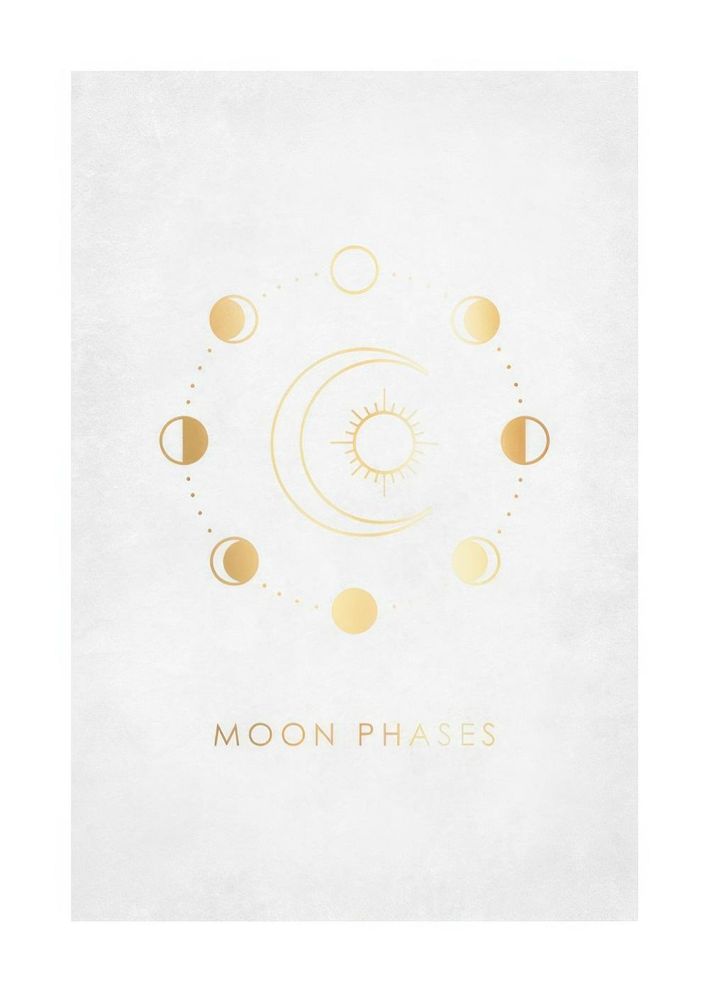 Grafisk poster med guldfärgade månfaser och sol på grå bakgrund, texten Moon phases undertill.
