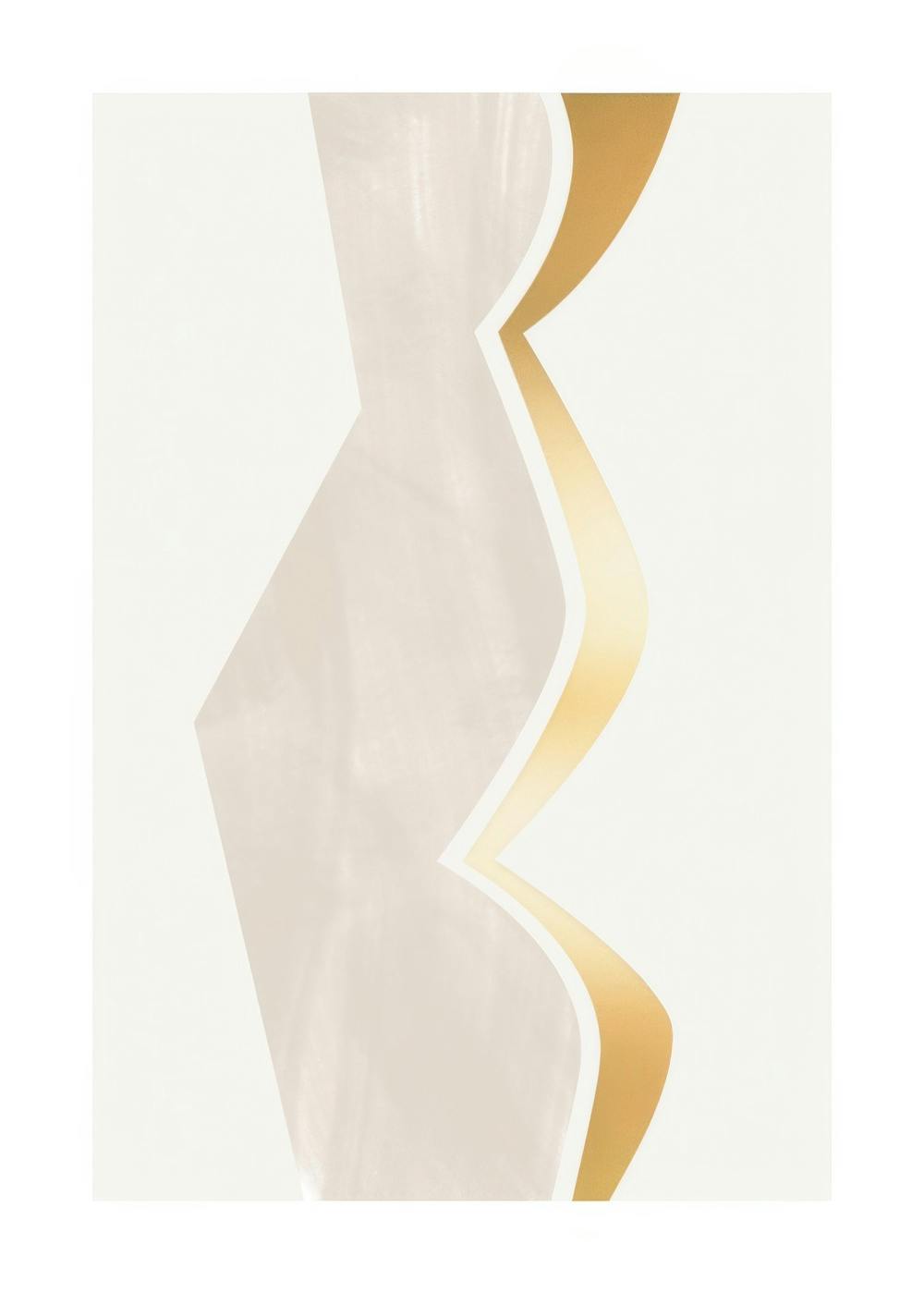Póster Golden Curves com forma abstrata bege e dourada em folha de ouro, sobre fundo cinza claro. Arte gráfica moderna e intempo